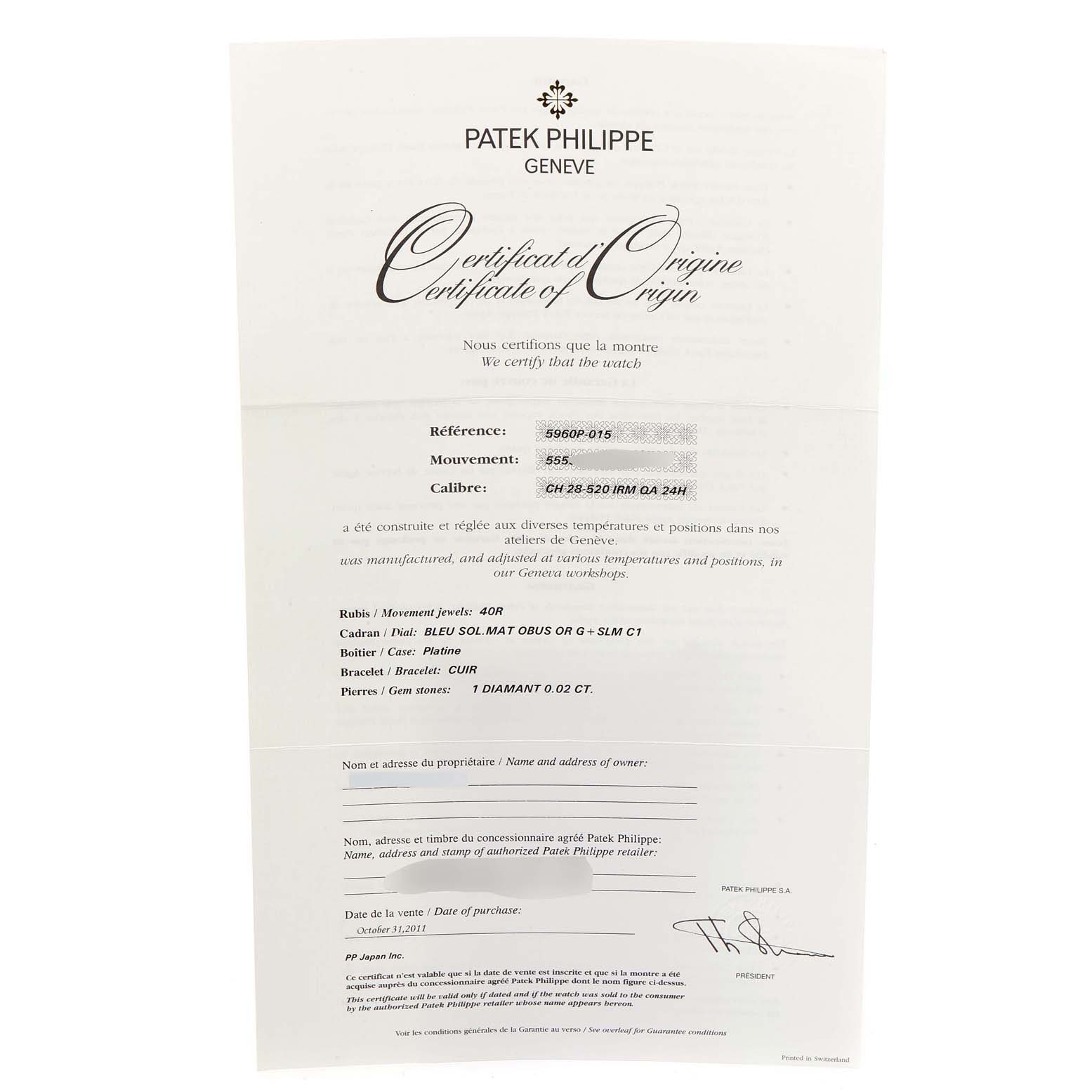 This image shows the Certificate of Origin for a Patek Philippe Complications 5960/01G Men's White Gold Blue Dial 5960/01G Men's White Gold Blue Dial model watch, detailing movement, case, and purchase information.