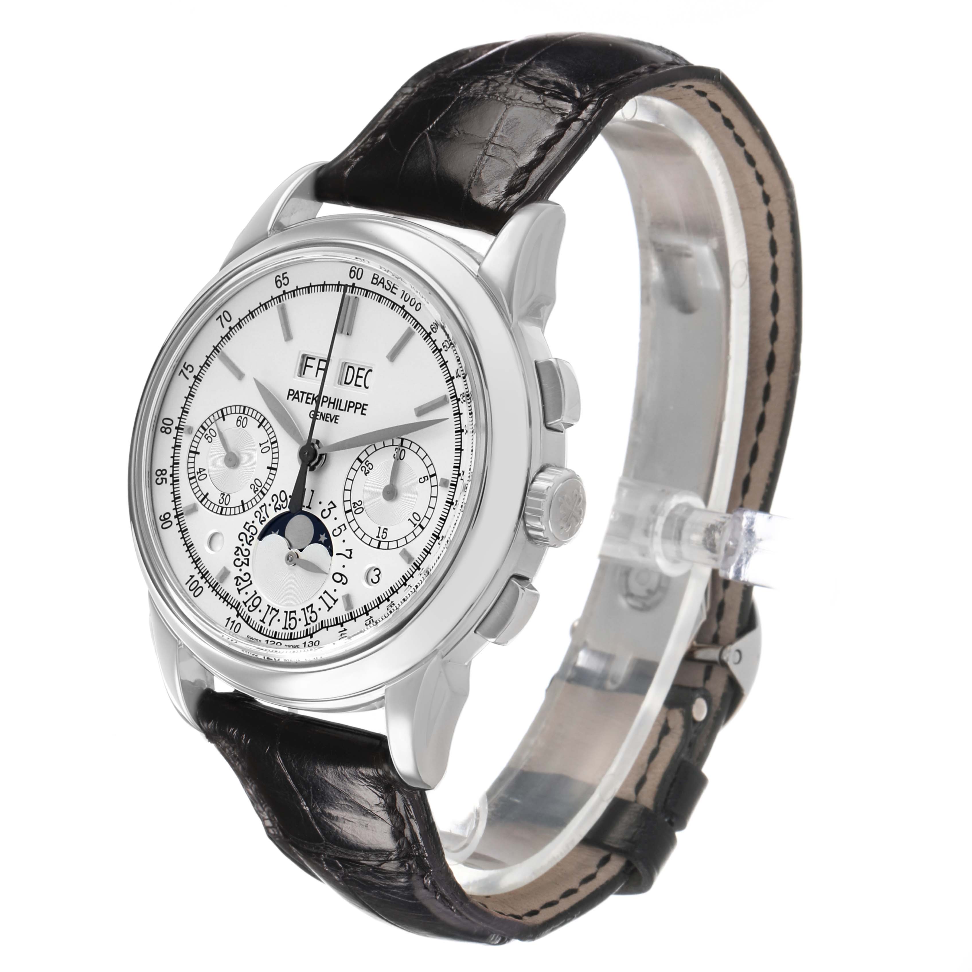 The Patek Philippe Complications 5270 Men's White Gold Silver Dial watch is shown at a three-quarter angle, displaying the face, case, pushers, and leather strap.