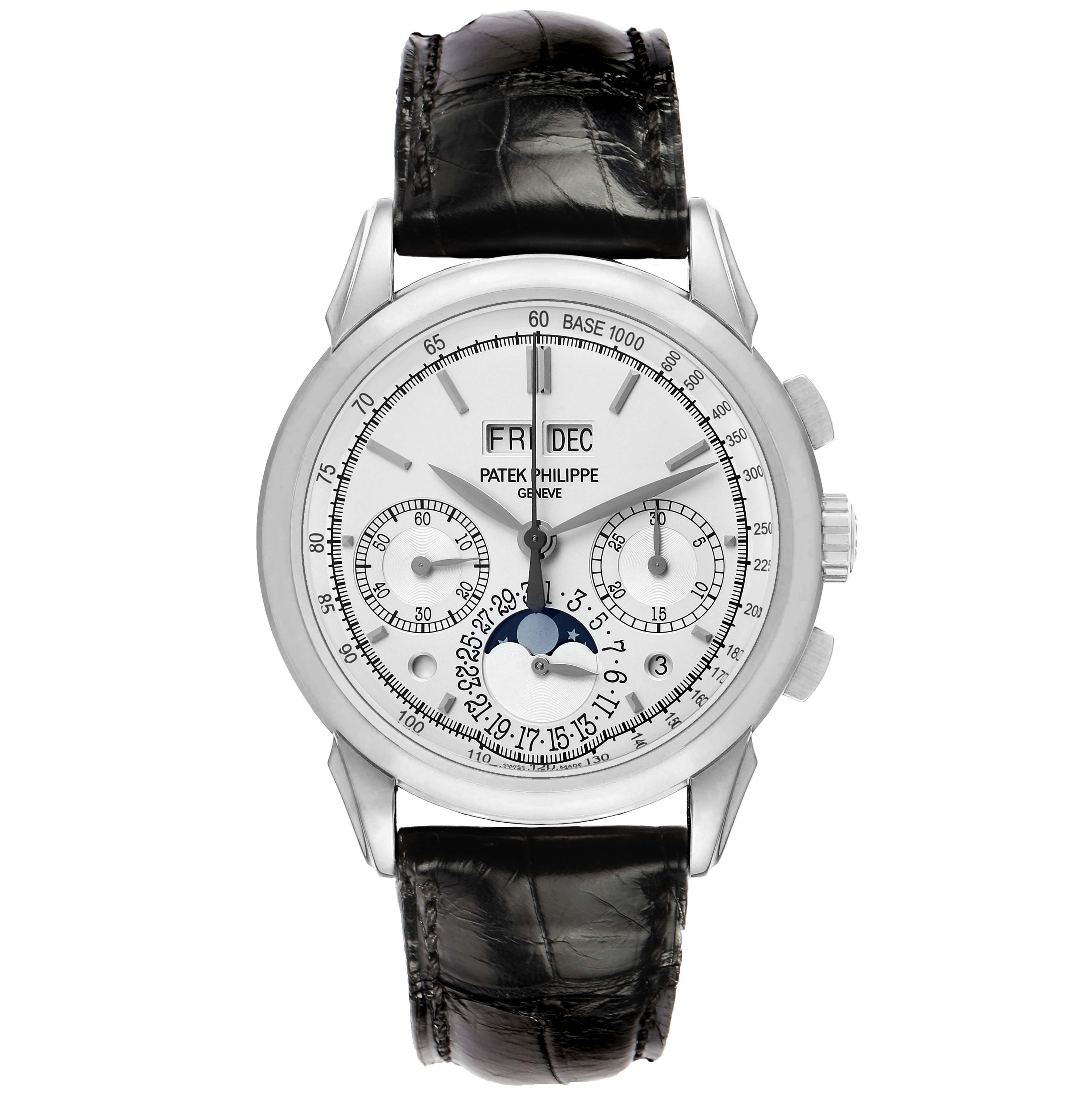 The Patek Philippe Complications 5270 Men's White Gold Silver Dial watch is shown from the front, highlighting its dial, subdials, and leather strap.