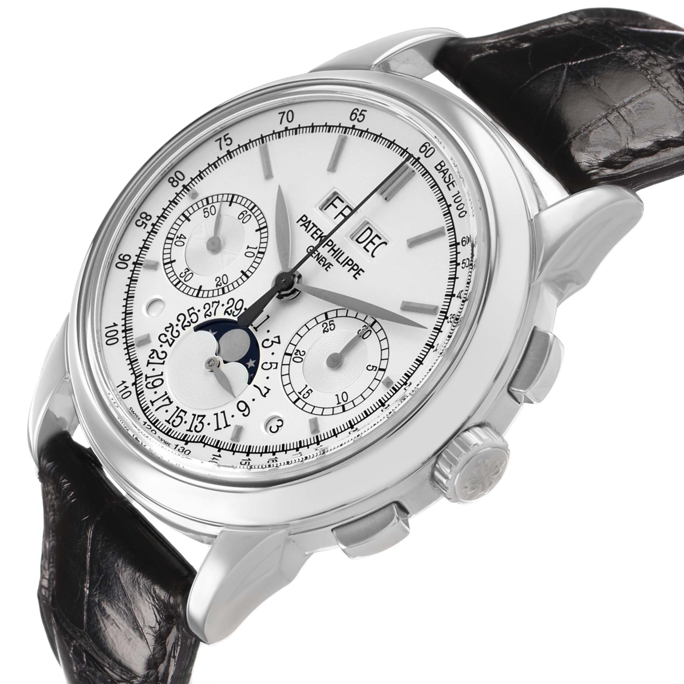 The Patek Philippe Complications 5270 Men's White Gold Silver Dial watch is shown at a three-quarter angle, highlighting the face, subdials, moon phase, and pushers.