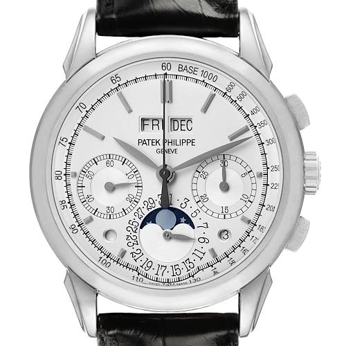 The Patek Philippe Complications 5270 Men's White Gold Silver Dial watch is shown from a front angle, displaying its face, sub-dials, and moon phase feature.