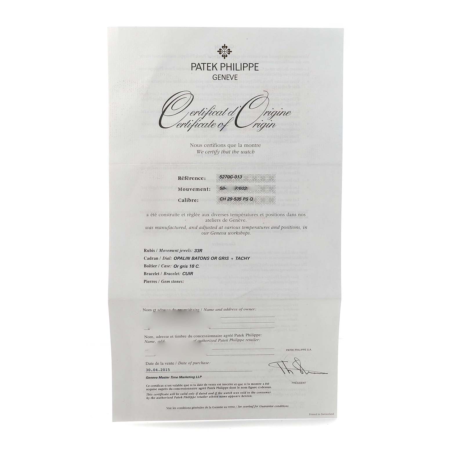 The image shows a Patek Philippe Complications 5270 Men's White Gold Silver Dial Certificate of Origin document.