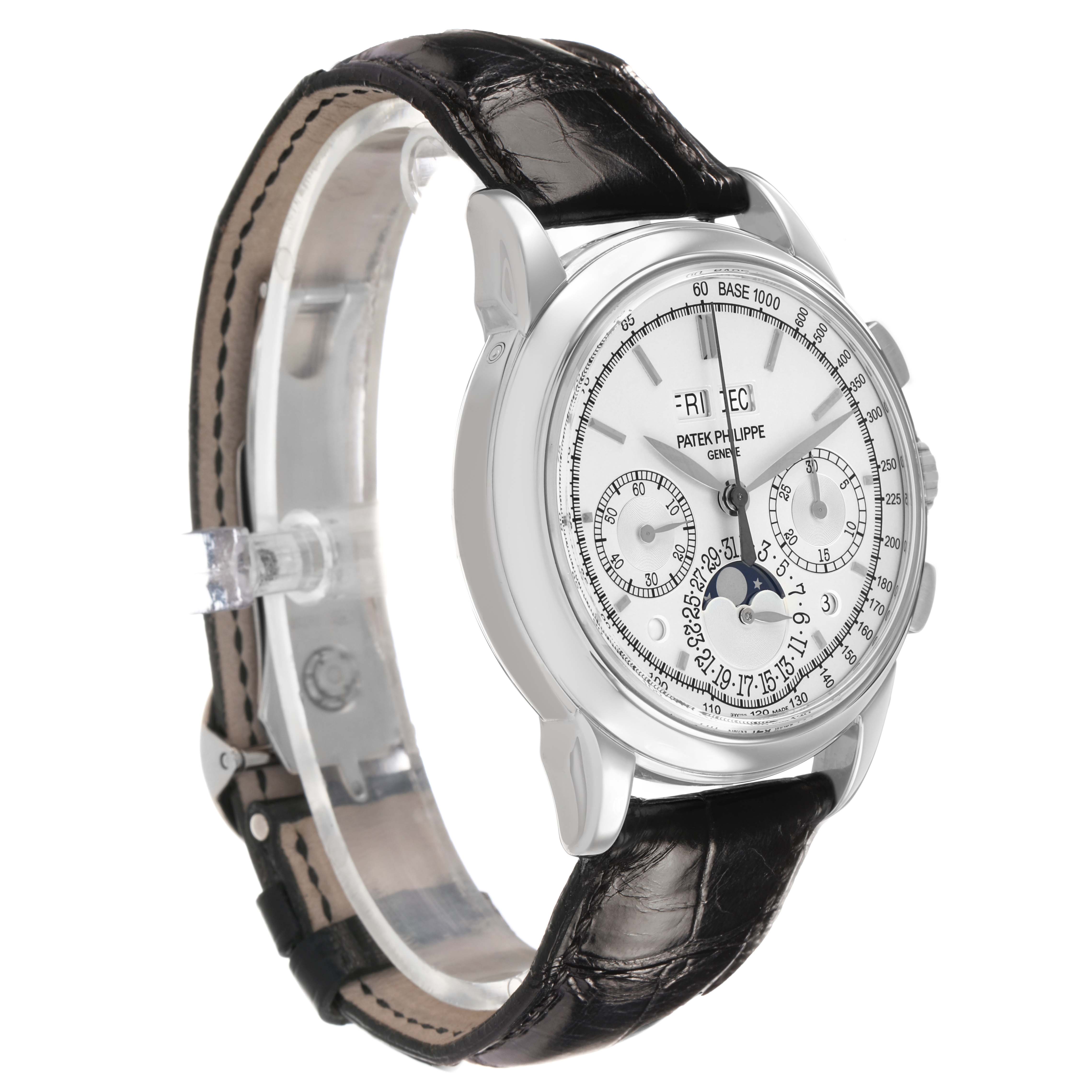 The image shows the Patek Philippe Complications 5270 Men's White Gold Silver Dial watch from a three-quarter side angle, highlighting the dial, crown, and strap.