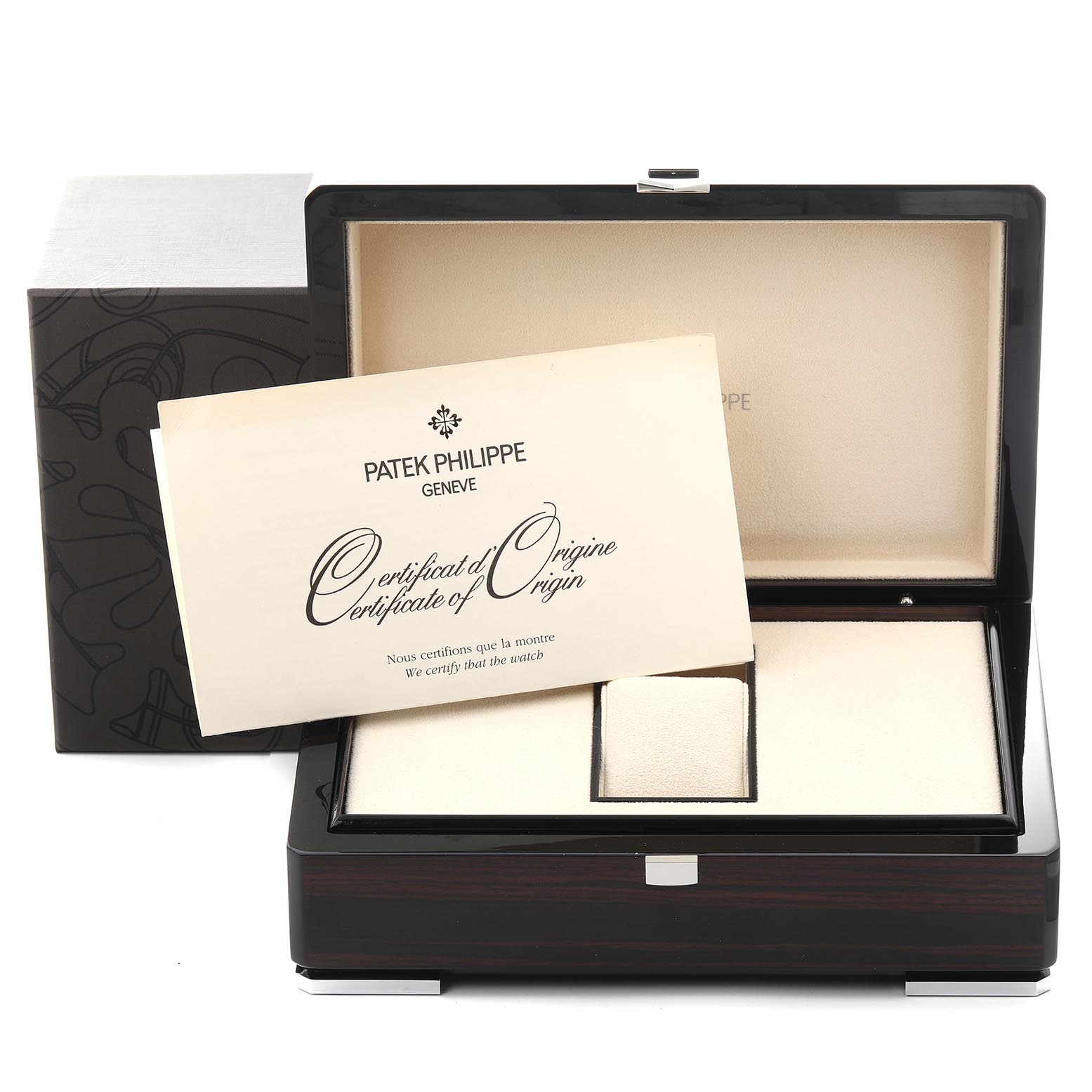 The image shows an open Patek Philippe Nautilus 5712G-001 Men's White Gold Grey Dial 5712G-001 Men's White Gold Grey Dial box with a Certificate of Origin inside.