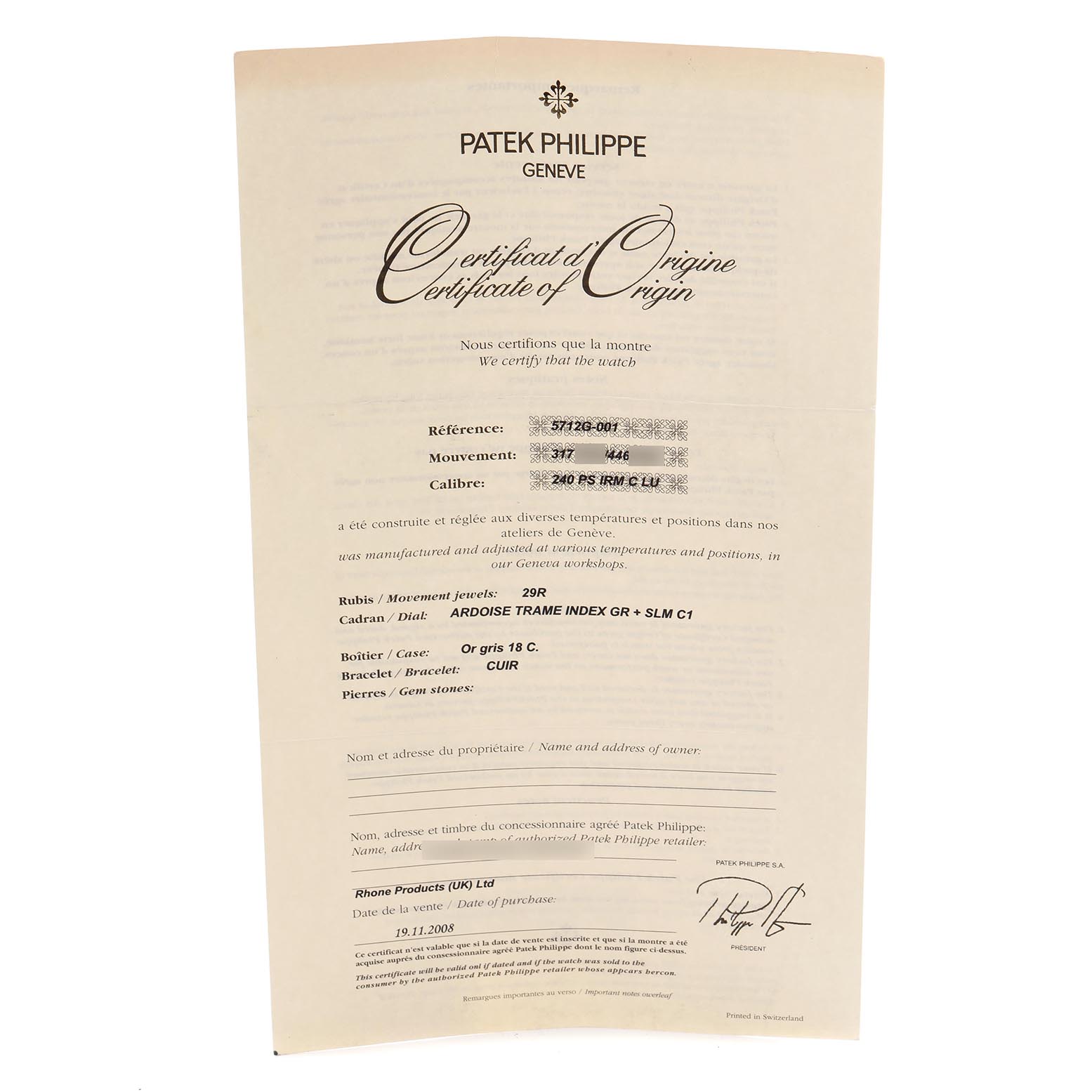 This image shows the Certificate of Origin for the Nautilus model by Patek Philippe, detailing specifications and authenticity.