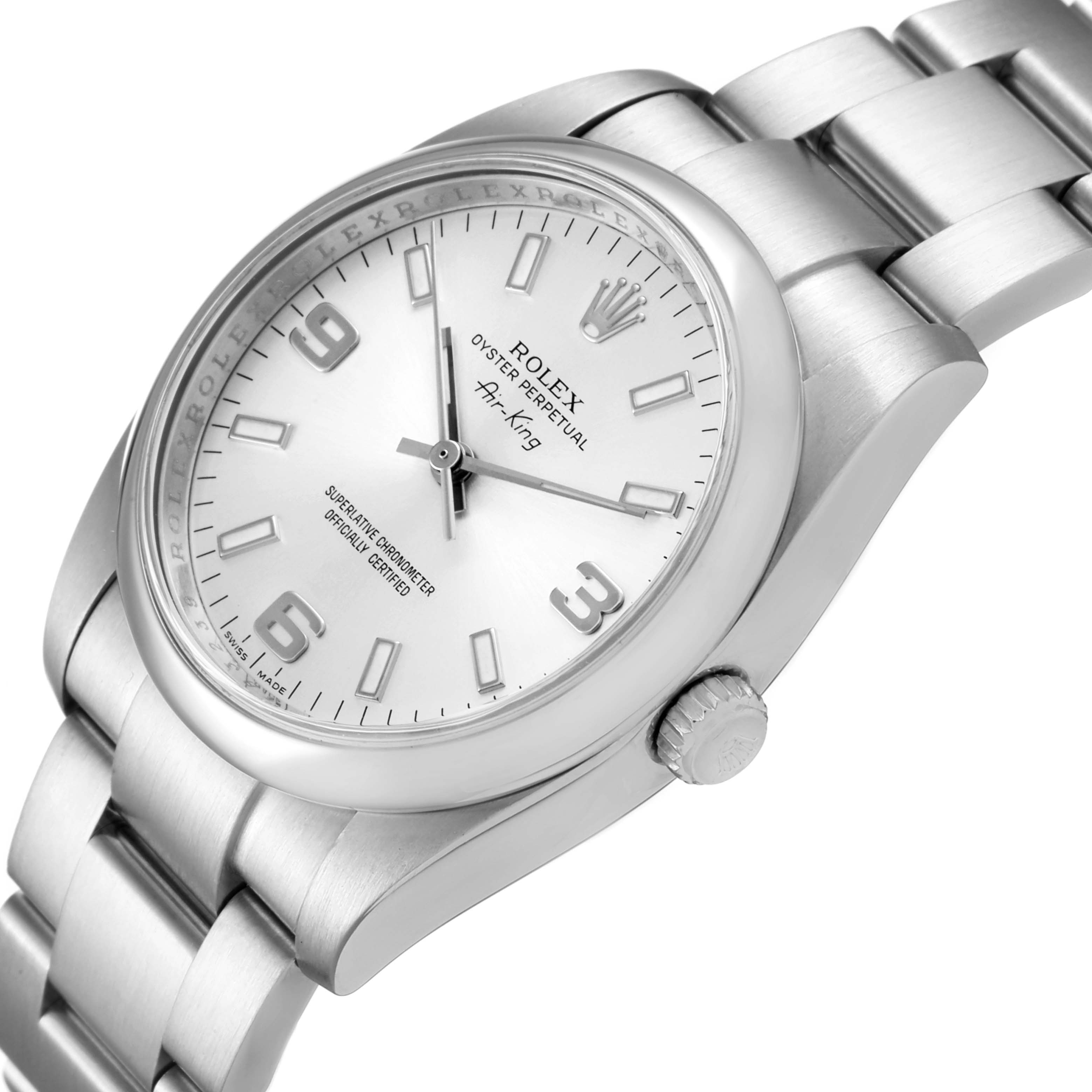 This image shows a Rolex Air-King 114200 Men's Stainless Steel Silver Dial 114200 Men's Stainless Steel Silver Dial watch at an angle highlighting its face, crown, and stainless steel bracelet.