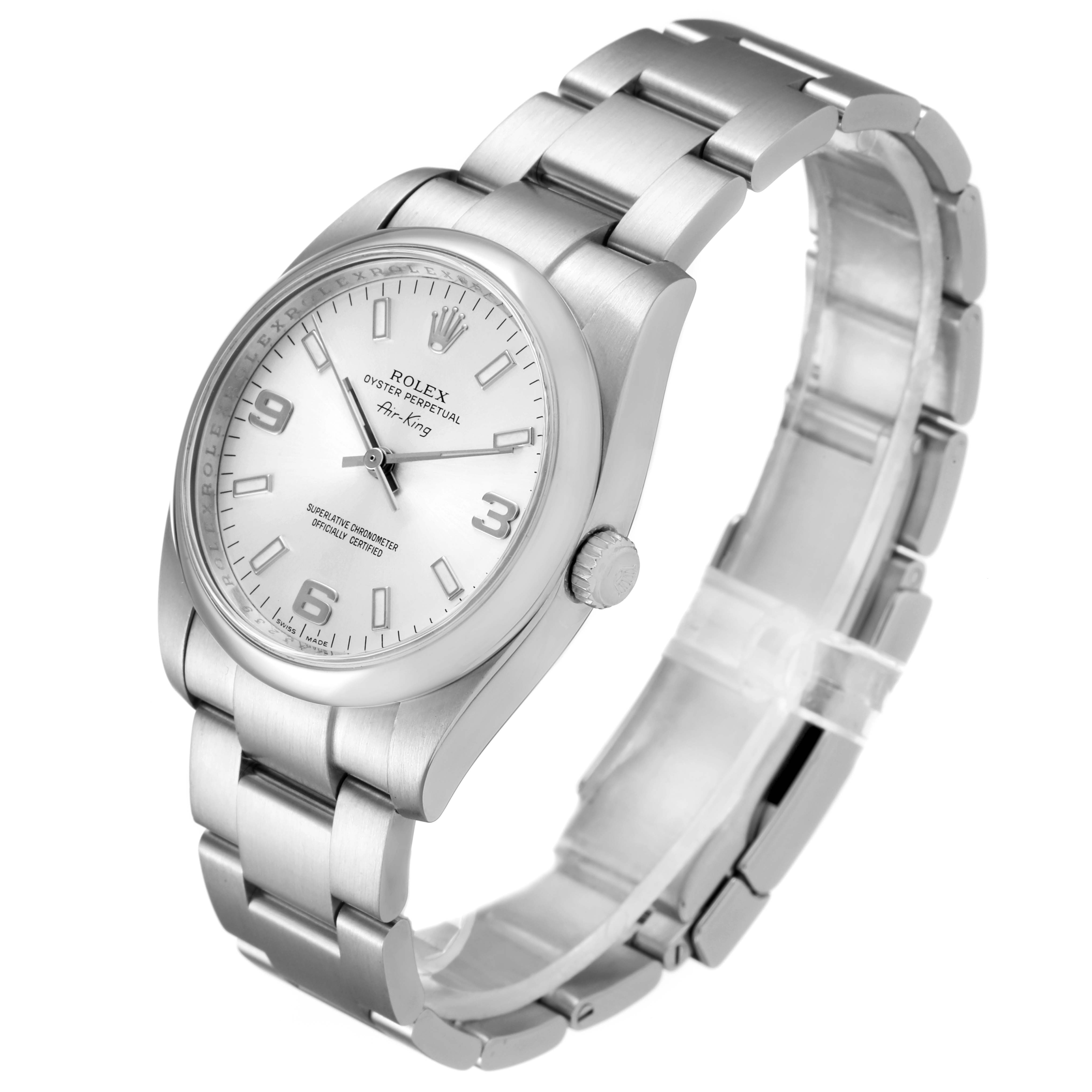 The Rolex Air-King 114200 Men's Stainless Steel Silver Dial 114200 Men's Stainless Steel Silver Dial watch is shown from a three-quarter angle displaying its dial, bracelet, and crown.