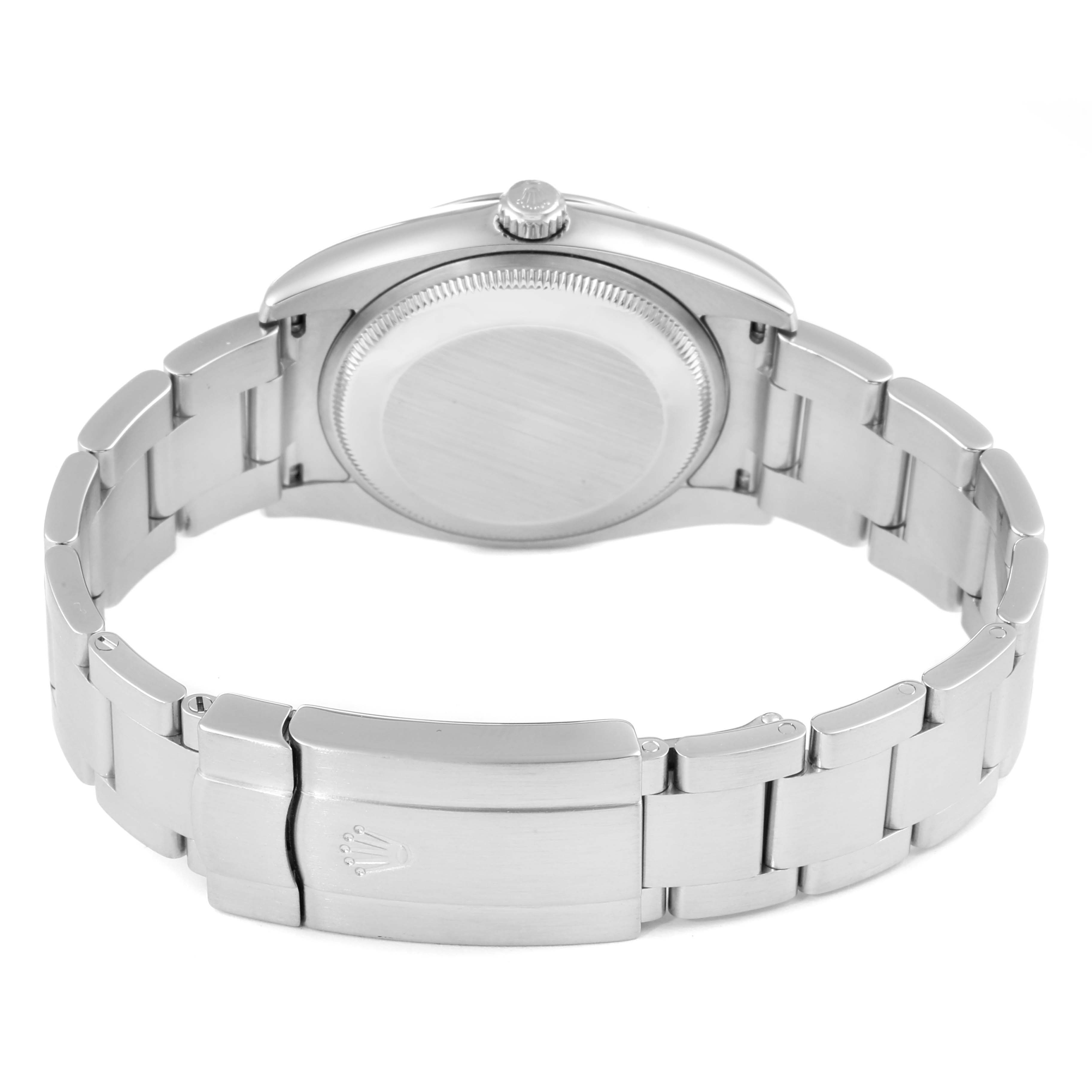 The image shows the rear view of a Rolex Air-King 114200 Men's Stainless Steel Silver Dial 114200 Men's Stainless Steel Silver Dial watch, highlighting its case back, crown, and bracelet with clasp.