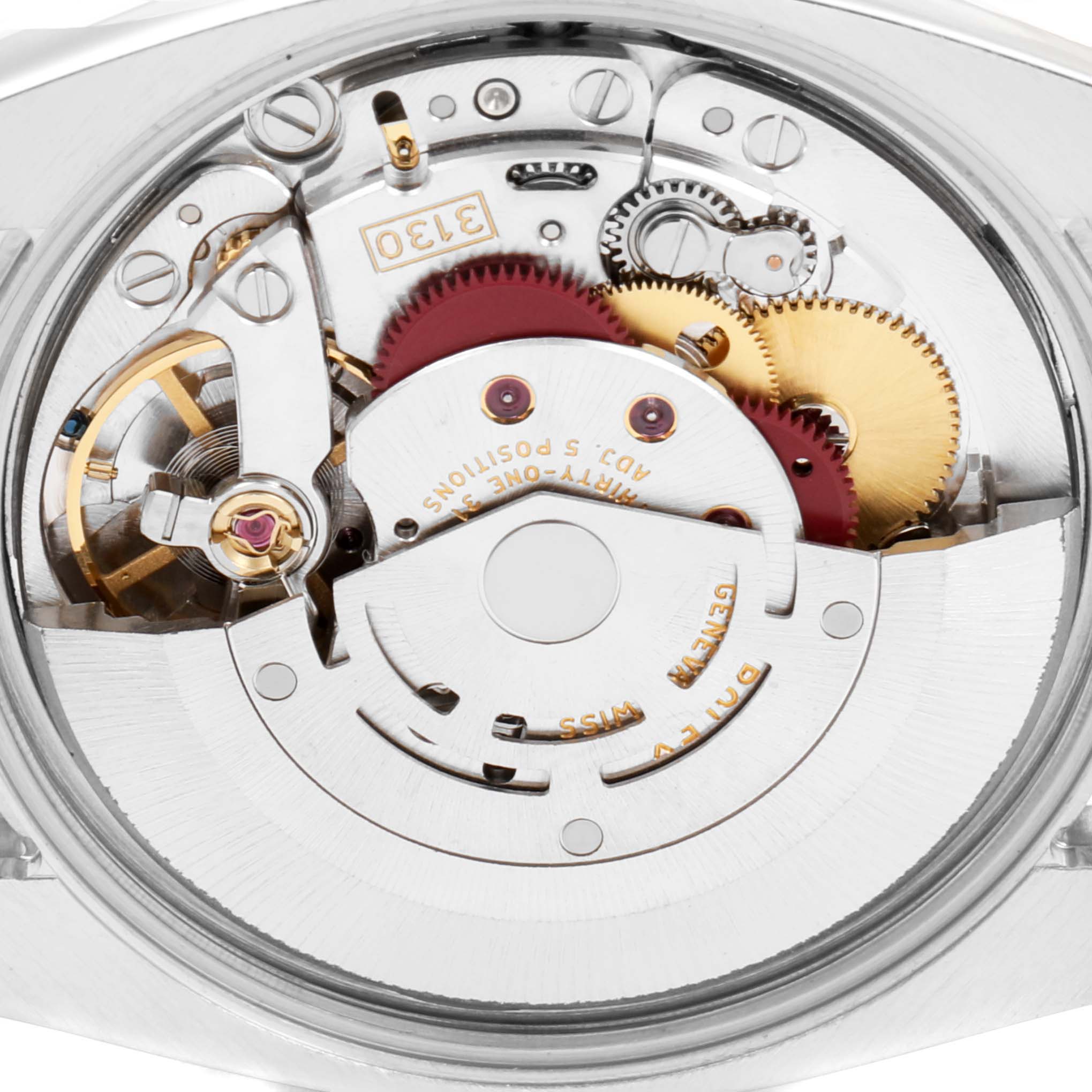 The image shows a close-up of the movement mechanism inside a Rolex Air-King 114200 Men's Stainless Steel Silver Dial 114200 Men's Stainless Steel Silver Dial watch.