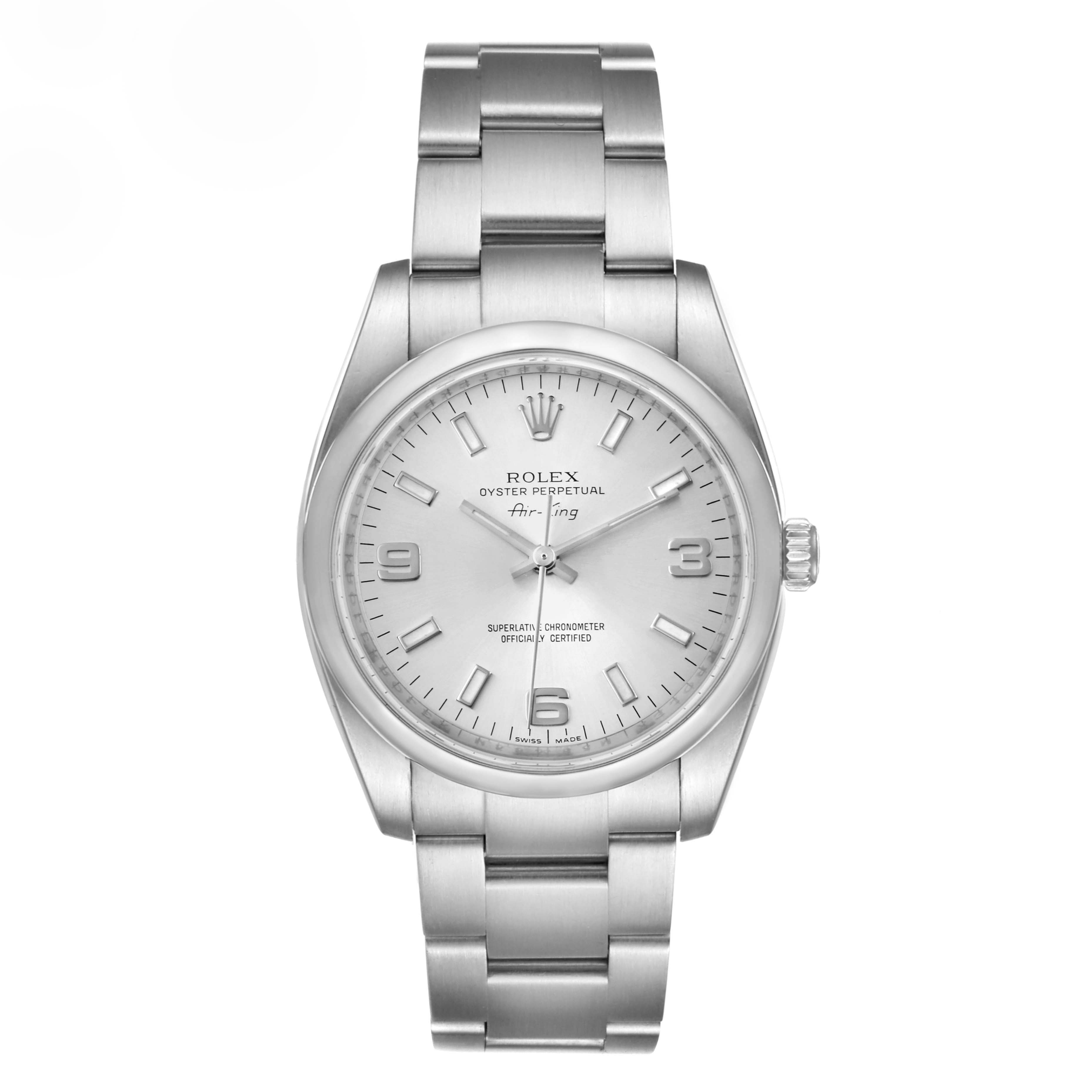 The image displays a front view of the Rolex Air-King 114200 Men's Stainless Steel Silver Dial 114200 Men's Stainless Steel Silver Dial watch, showing its silver dial, hour markers, and stainless steel bracelet.