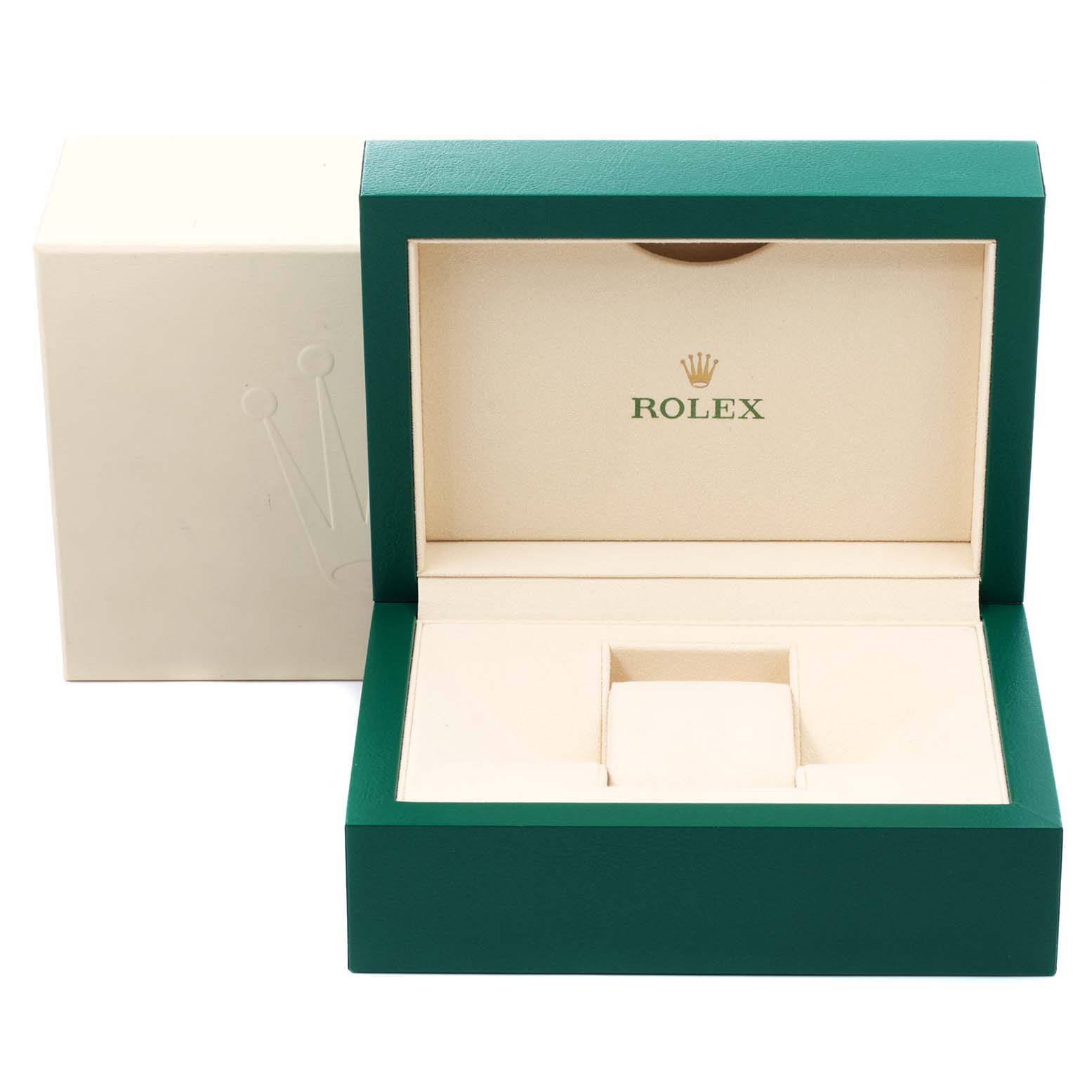 The image shows the open watch box for the Rolex Air-King 114200 Men's Stainless Steel Silver Dial 114200 Men's Stainless Steel Silver Dial model, highlighting its green and beige interior.