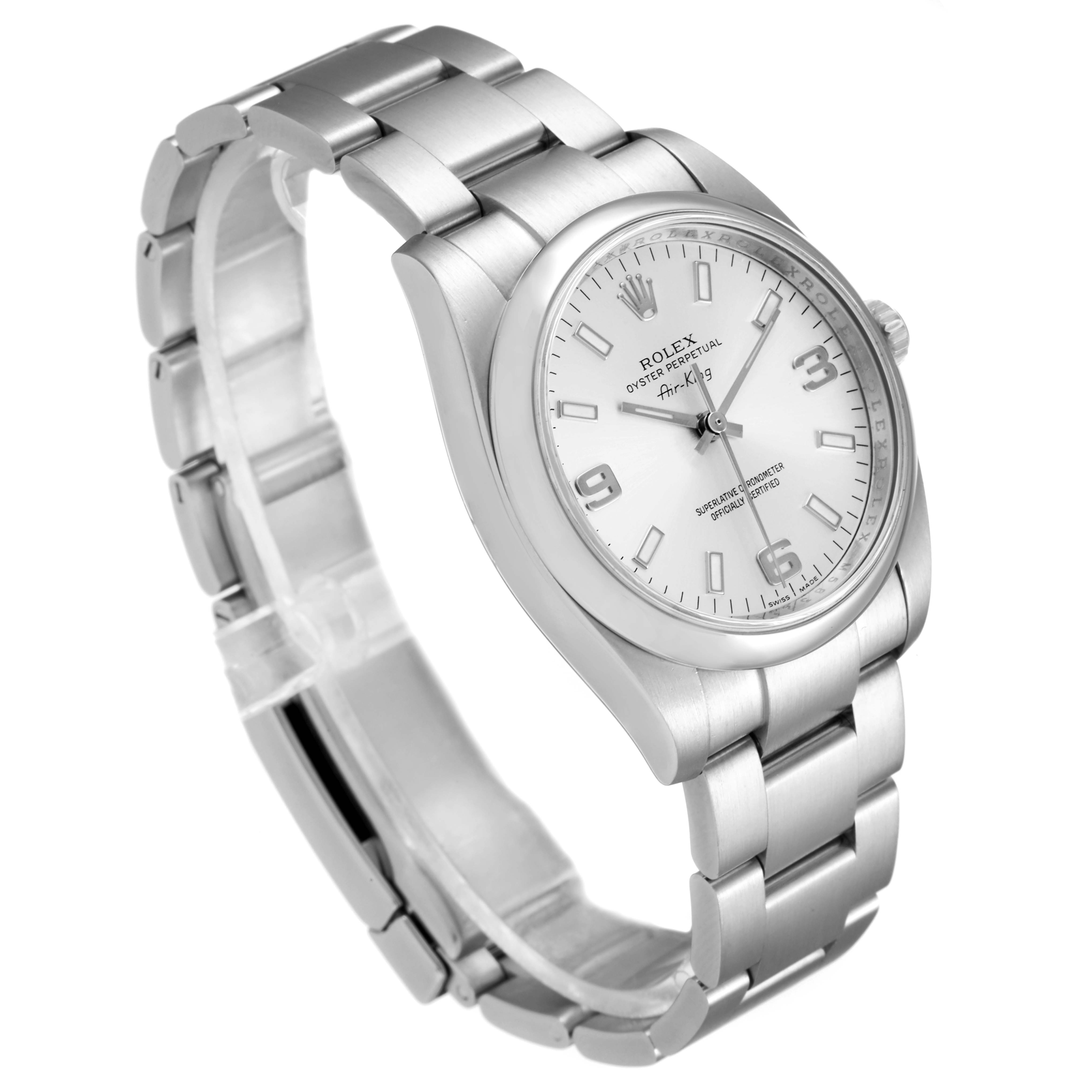 The image shows a side angle of a Rolex Air-King 114200 Men's Stainless Steel Silver Dial 114200 Men's Stainless Steel Silver Dial watch, focusing on the bracelet and watch face.