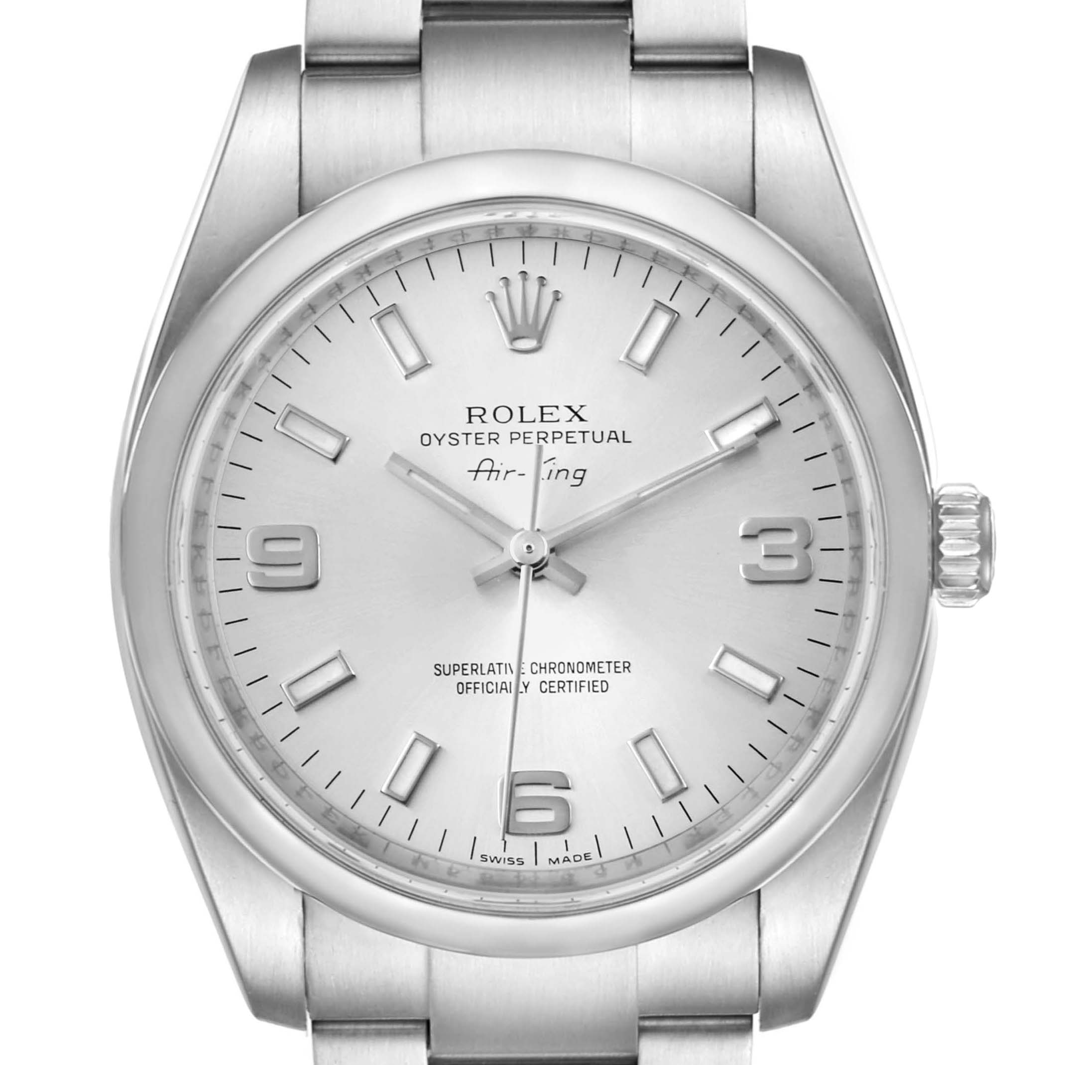 The image shows a front view of a Rolex Air-King 114200 Men's Stainless Steel Silver Dial 114200 Men's Stainless Steel Silver Dial watch, featuring its dial, hands, bezel, and part of the bracelet.