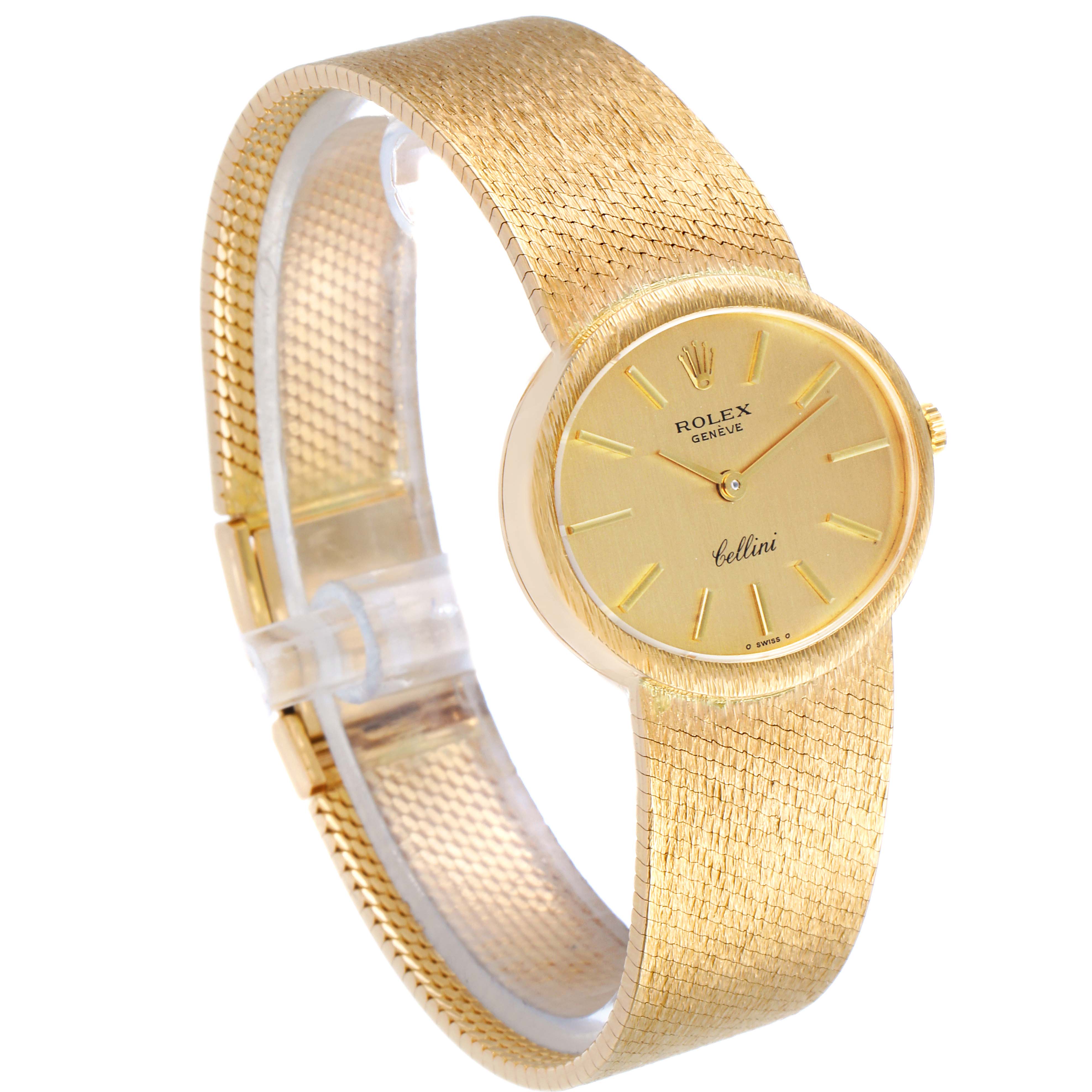 The image shows a Rolex Cellini  Women
s Yellow Gold Champagne Dial  Women
s Yellow Gold Champagne Dial watch at an angle displaying its gold dial, case, and woven bracelet.