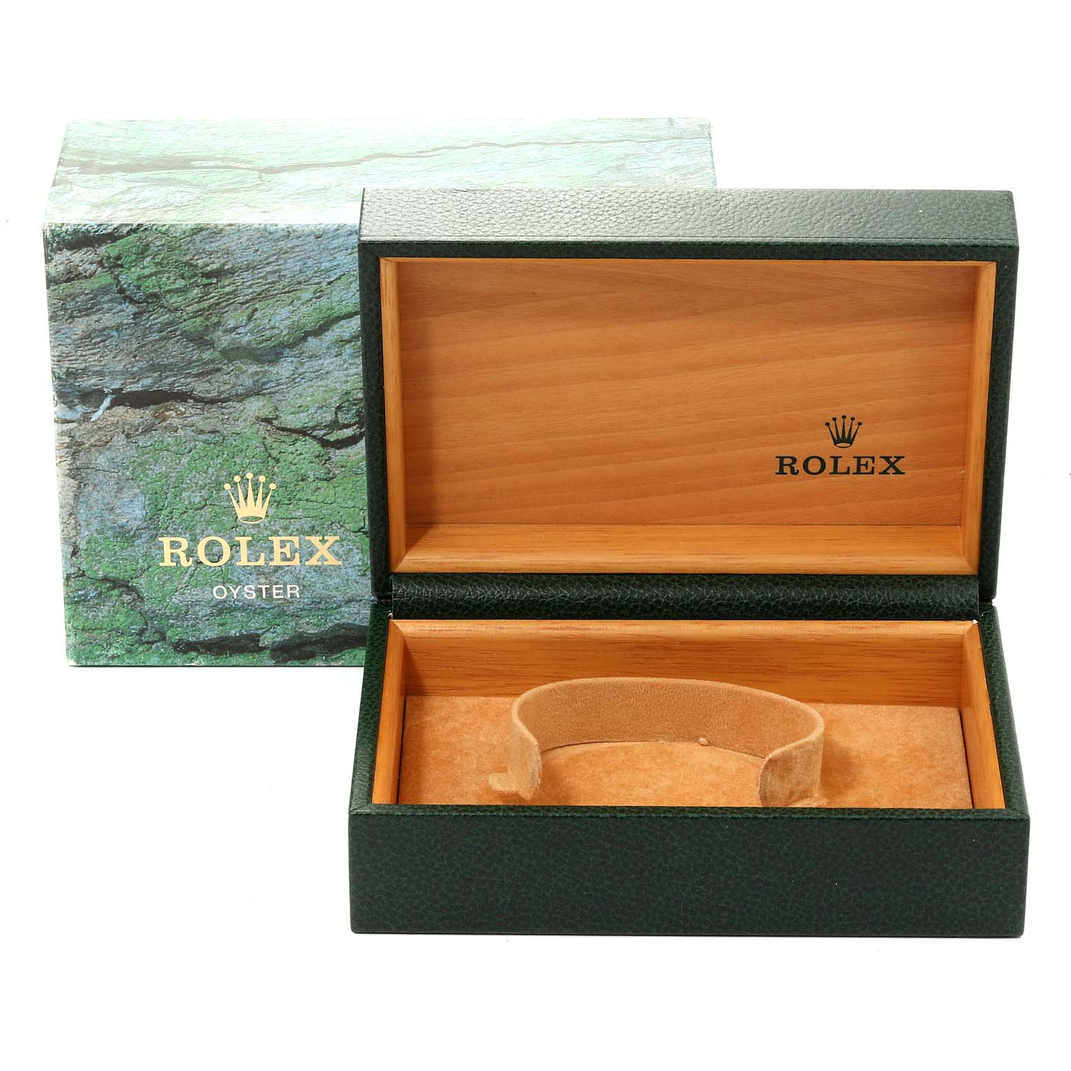 The image shows an open Rolex Date 15200 Men's Stainless Steel Black Dial 15200 Men's Stainless Steel Black Dial model watch box with a green exterior and wood interior, alongside its outer packaging box.