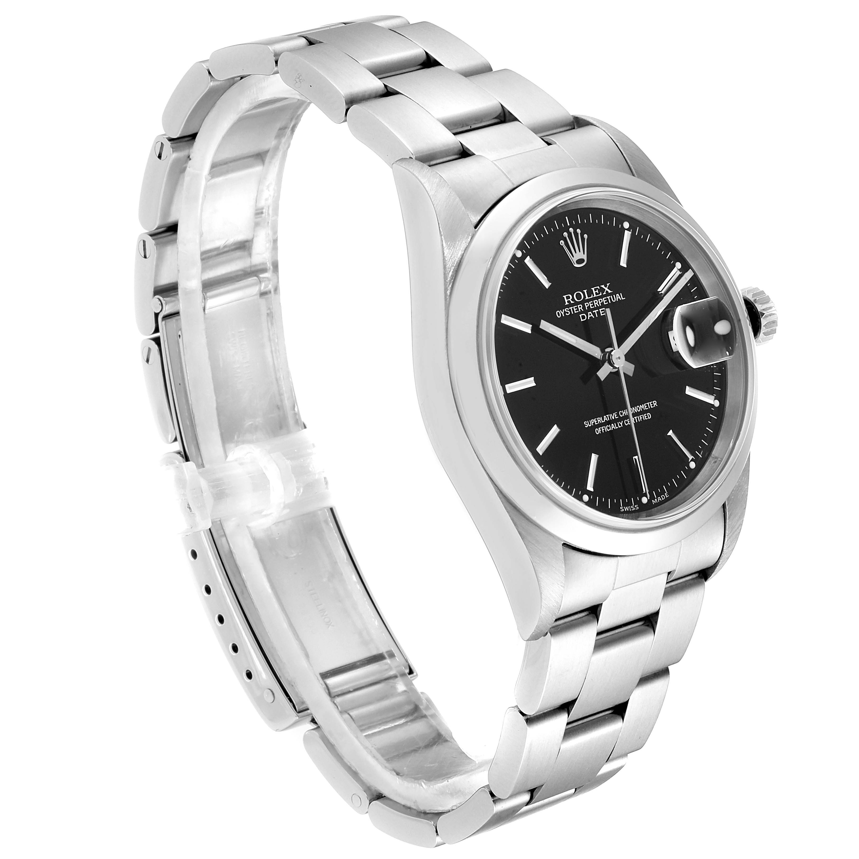 This image shows a side and front angle of a Rolex Date 15200 Men's Stainless Steel Black Dial 15200 Men's Stainless Steel Black Dial model watch, highlighting the black dial, bracelet, and clasp.