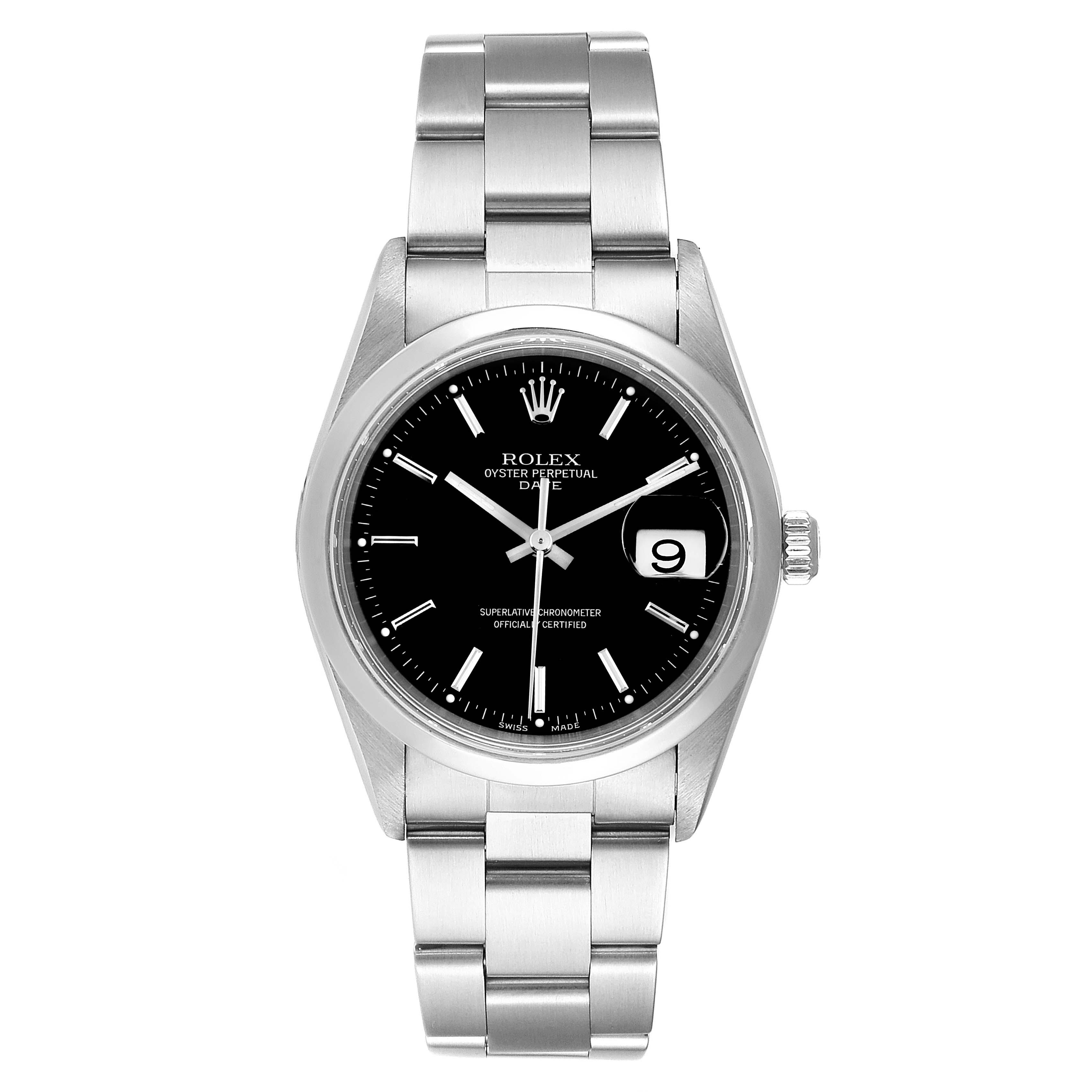 This is a front view of the Rolex Date 15200 Men's Stainless Steel Black Dial 15200 Men's Stainless Steel Black Dial model watch, showing the dial, bezel, case, bracelet, and crown.