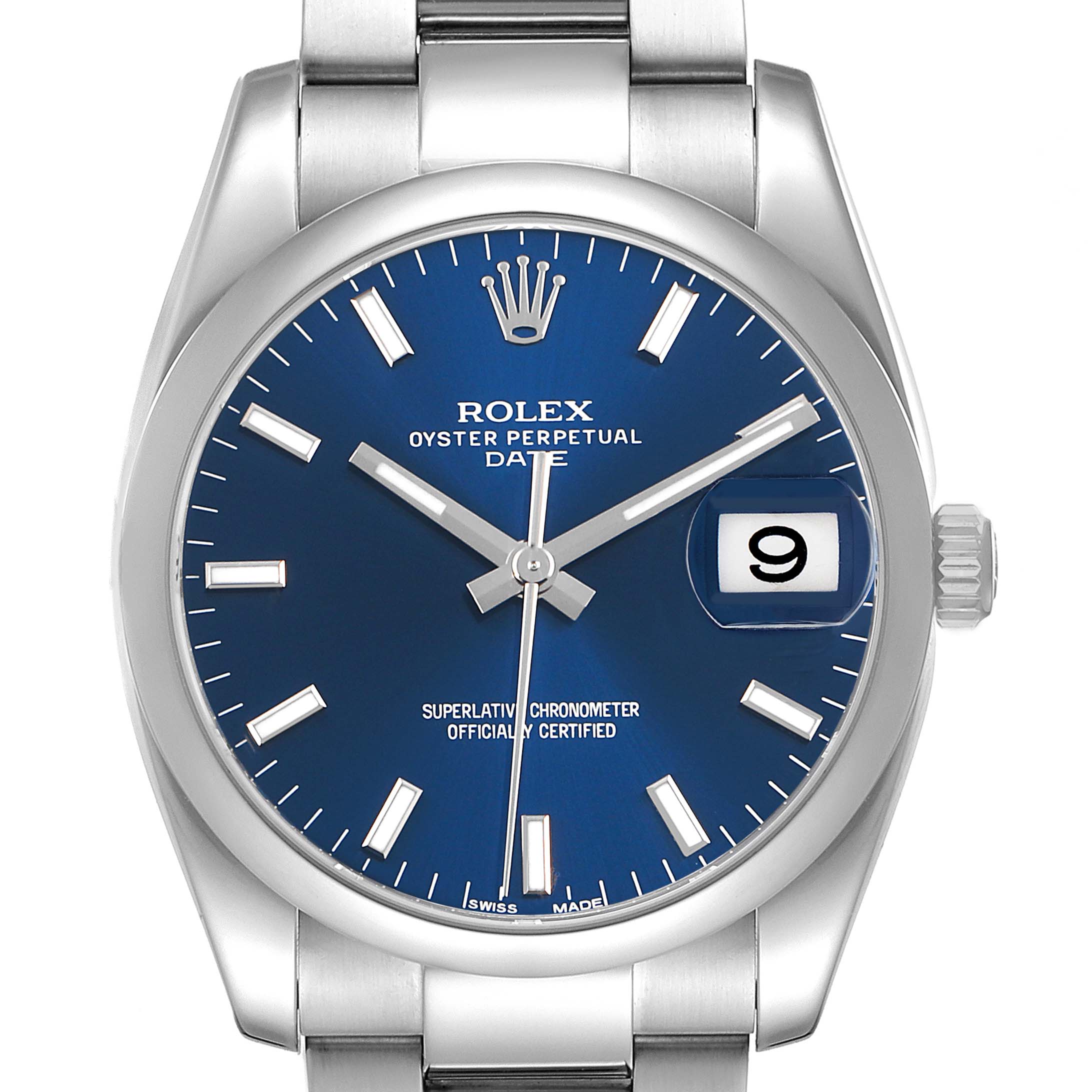 The Rolex Date 115200 Men's Stainless Steel Blue Dial model watch is shown from the front, displaying the dial, hour markers, hands, date window, and part of the bracelet.