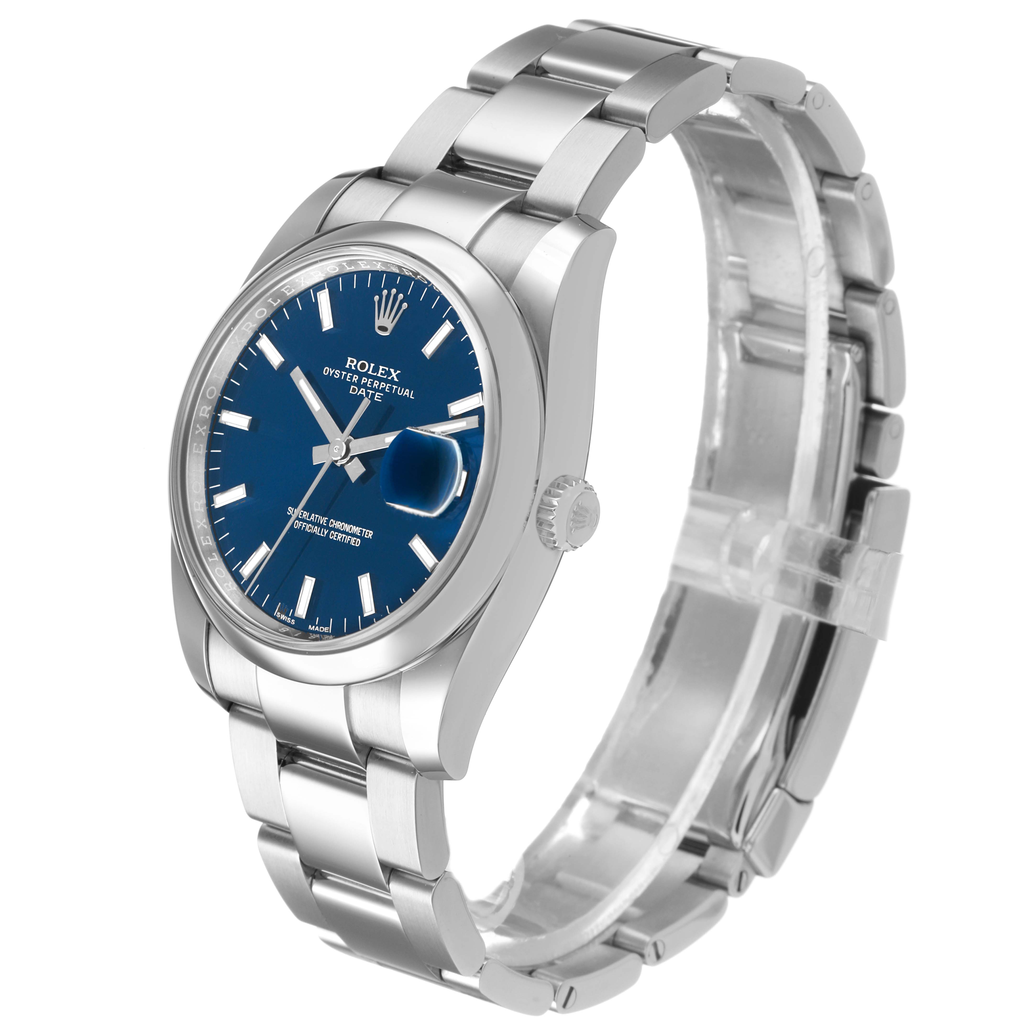 The Rolex Date 115200 Men's Stainless Steel Blue Dial watch is shown at a three-quarter angle, displaying the blue dial, bezel, crown, and stainless steel bracelet.
