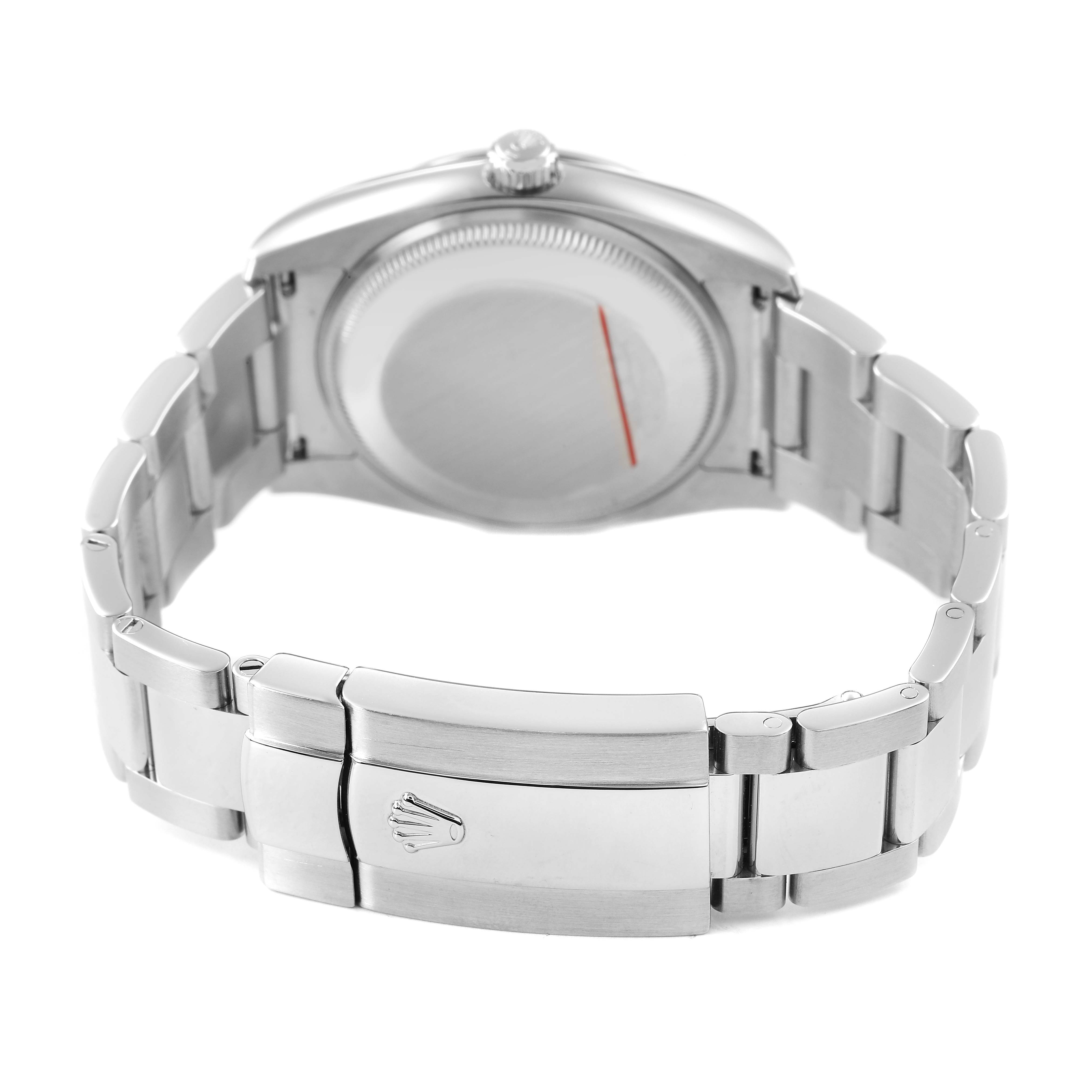 The image shows the back and bracelet clasp of a Rolex Date 115200 Men's Stainless Steel Blue Dial model watch at a rear angle.