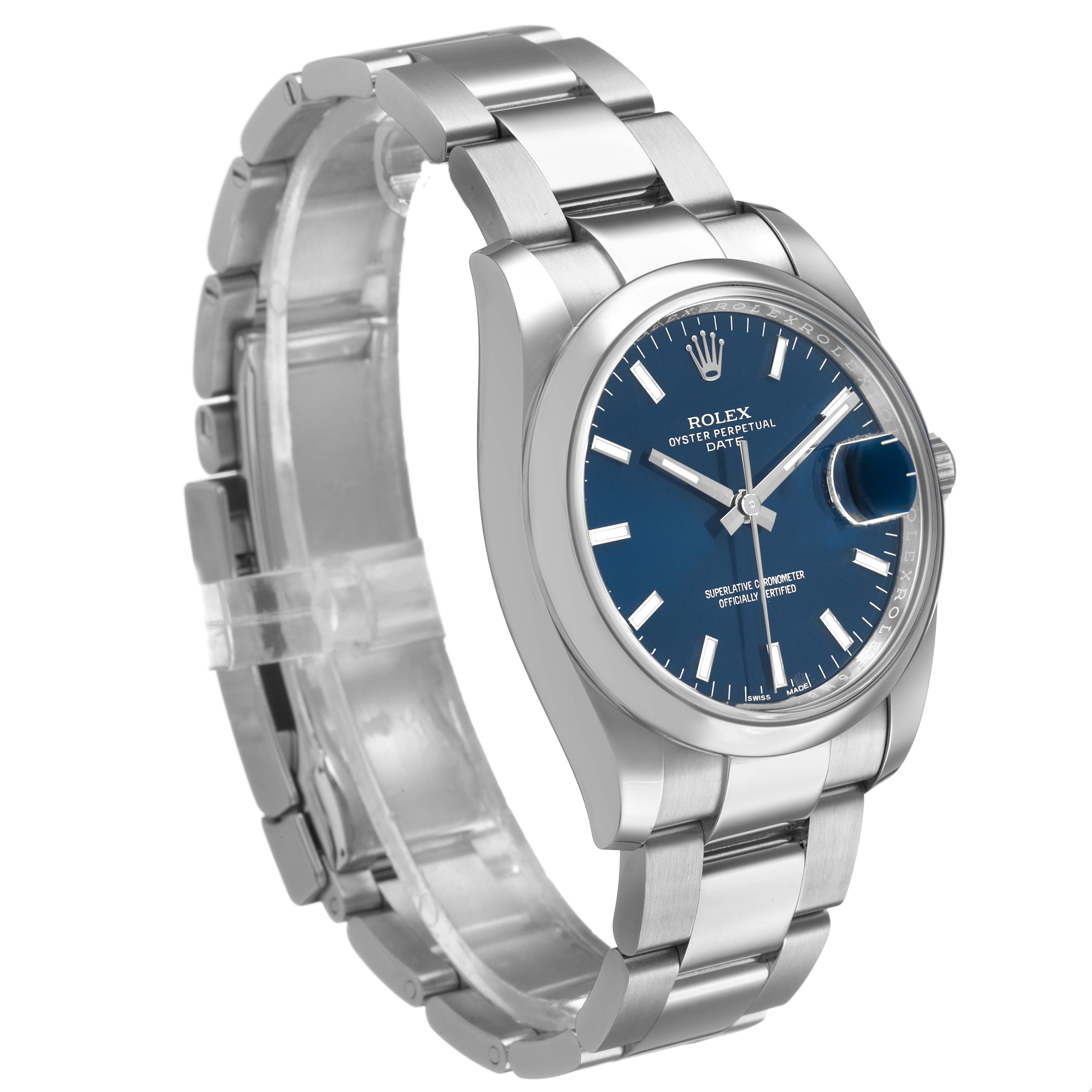 The Rolex Date 115200 Men's Stainless Steel Blue Dial watch is shown at a three-quarter angle, highlighting the blue dial, silver bezel, and stainless steel bracelet.