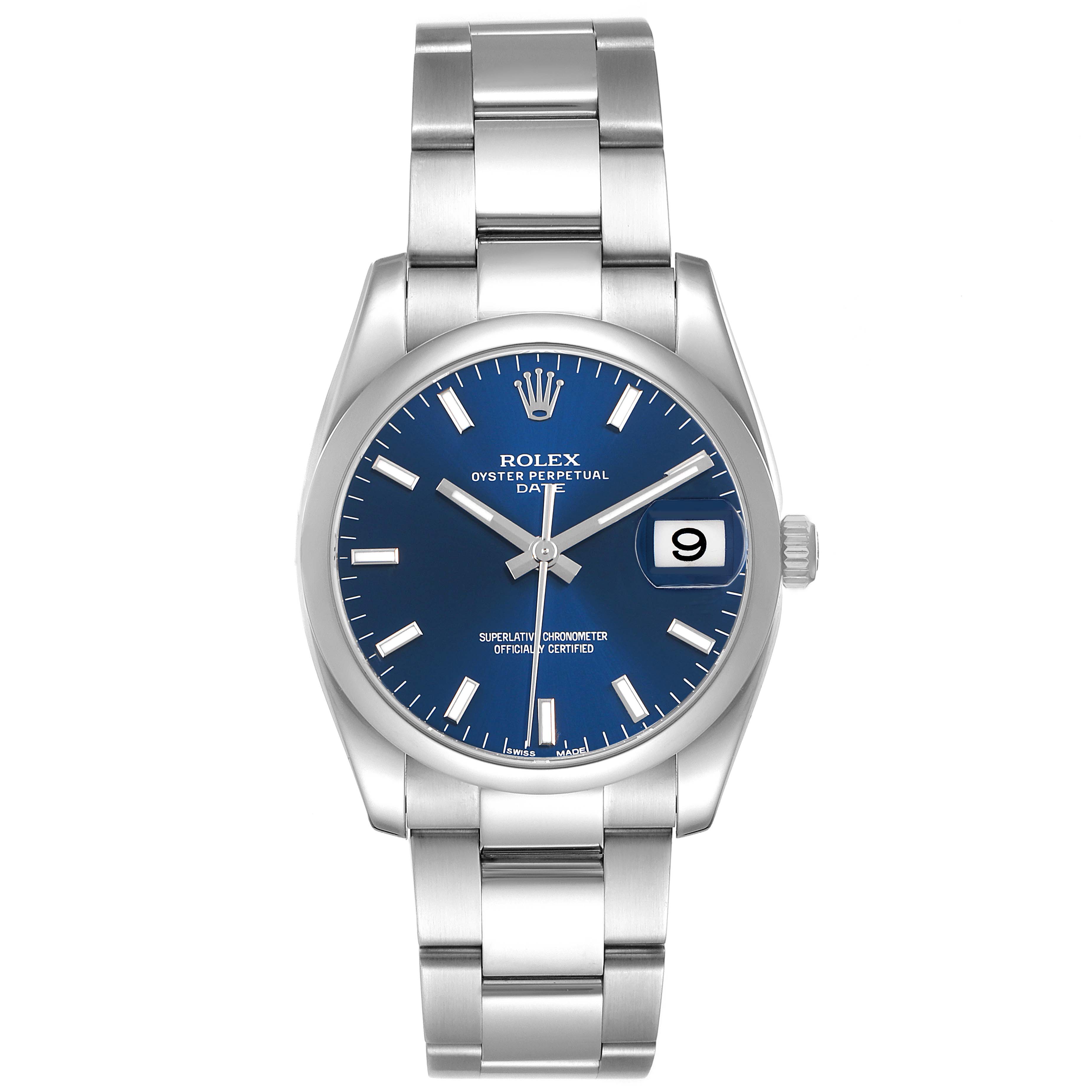 The Rolex Date 115200 Men's Stainless Steel Blue Dial model is shown from a front view, displaying its blue dial, date window, and stainless steel bracelet.