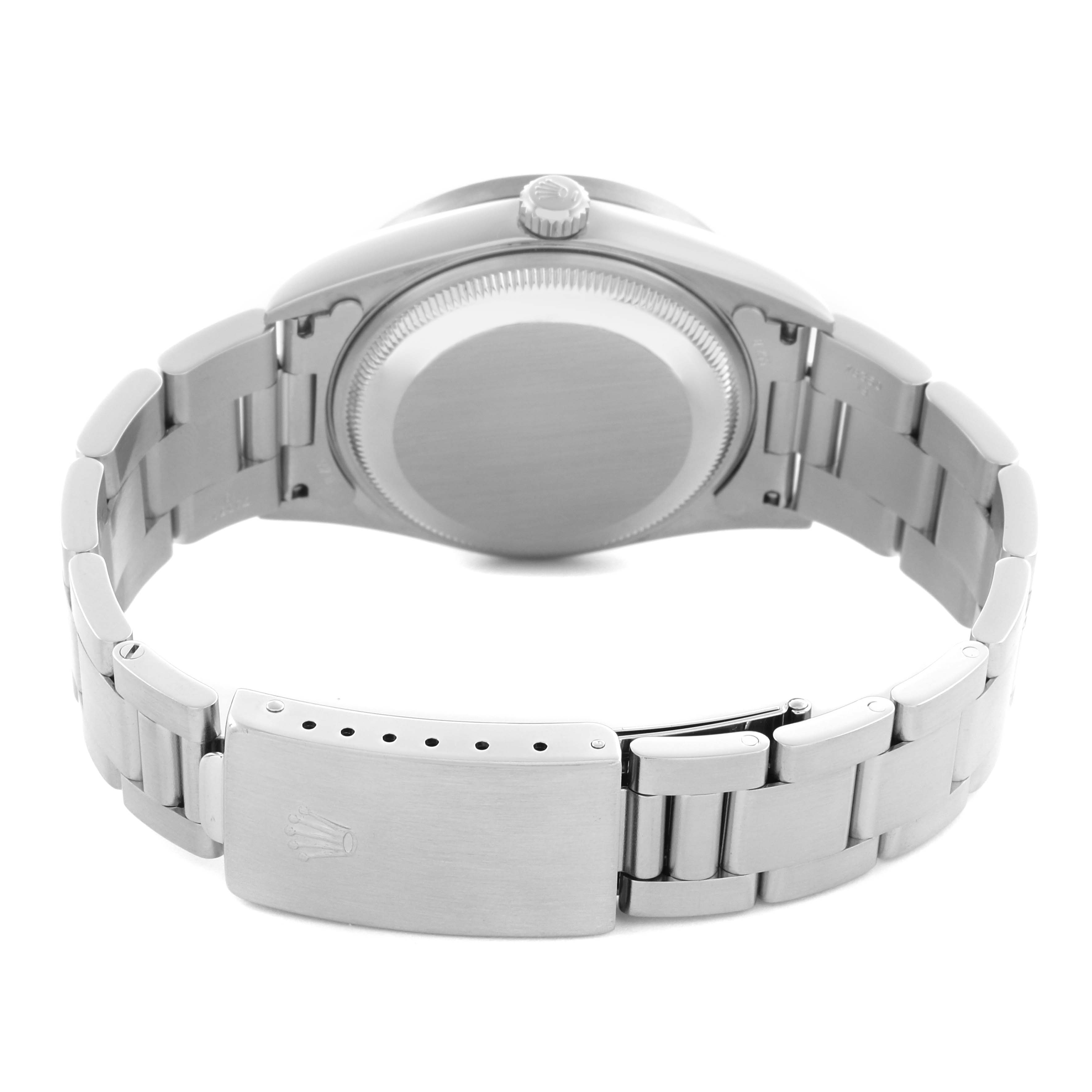 The image shows the back of a Rolex Date 15210 Men
s Stainless Steel Silver Dial 15210 Men
s Stainless Steel Silver Dial watch, highlighting the clasp and case back.