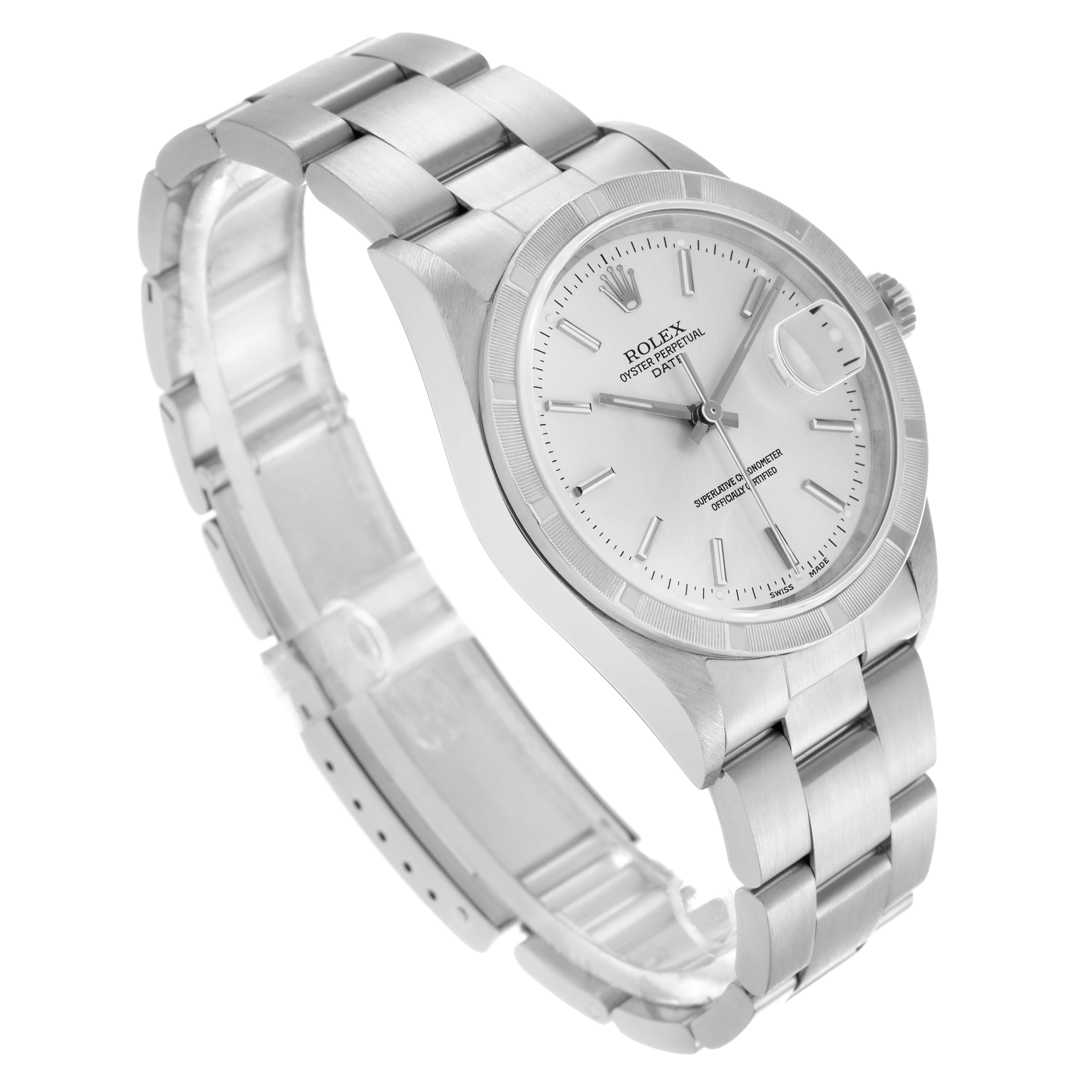 The Rolex Date 15210 Men
s Stainless Steel Silver Dial 15210 Men
s Stainless Steel Silver Dial watch is shown at an angled view displaying the face, bezel, and bracelet.