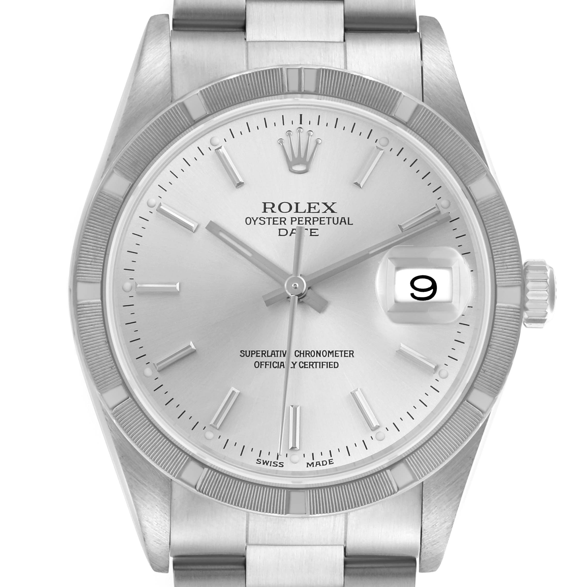 The Rolex Date 15210 Men
s Stainless Steel Silver Dial 15210 Men
s Stainless Steel Silver Dial watch is shown from a front angle, highlighting the dial, bezel, bracelet, and date window.