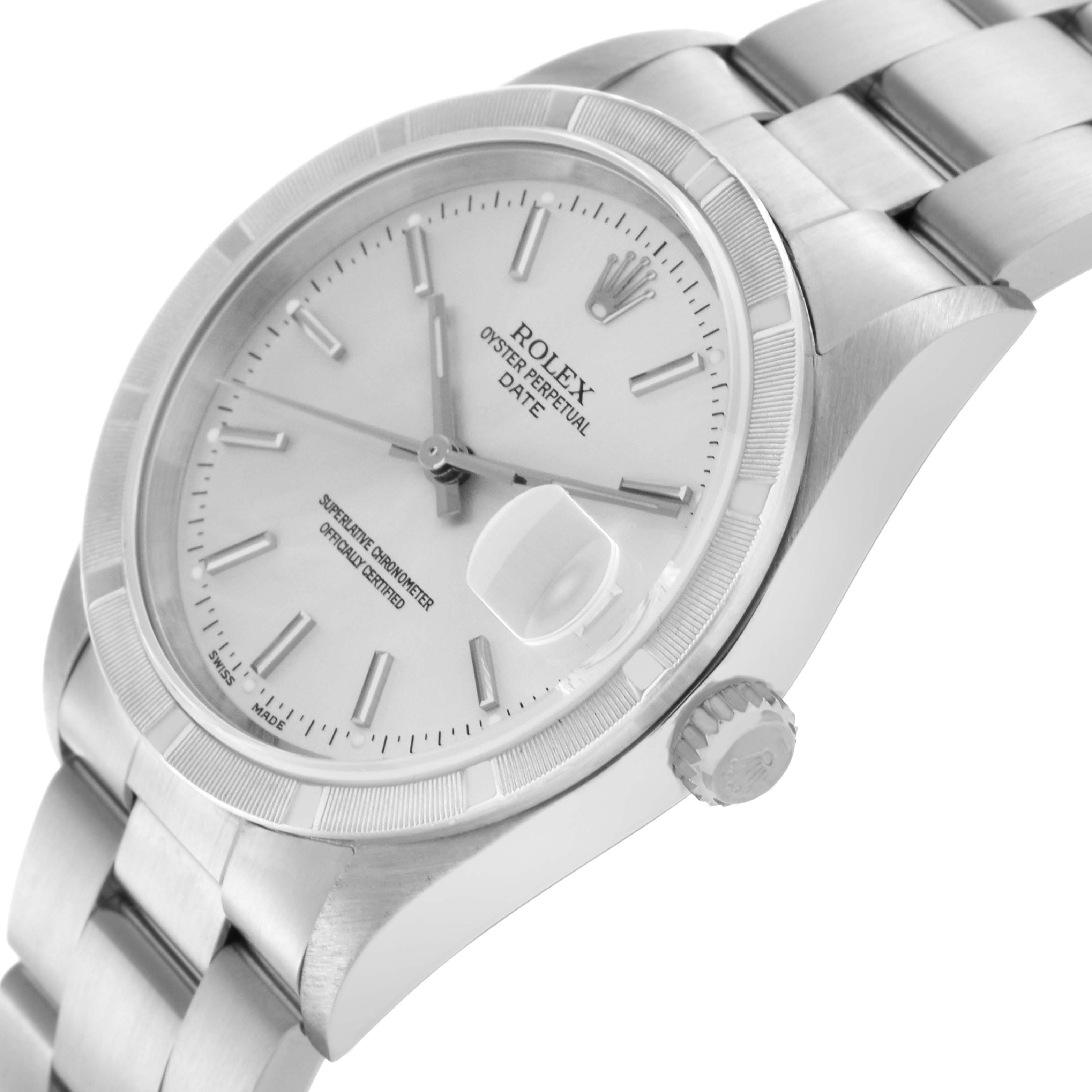 The image shows a side angle of a Rolex Date 15210 Men
s Stainless Steel Silver Dial 15210 Men
s Stainless Steel Silver Dial, highlighting the dial, bezel, crown, and part of the bracelet.