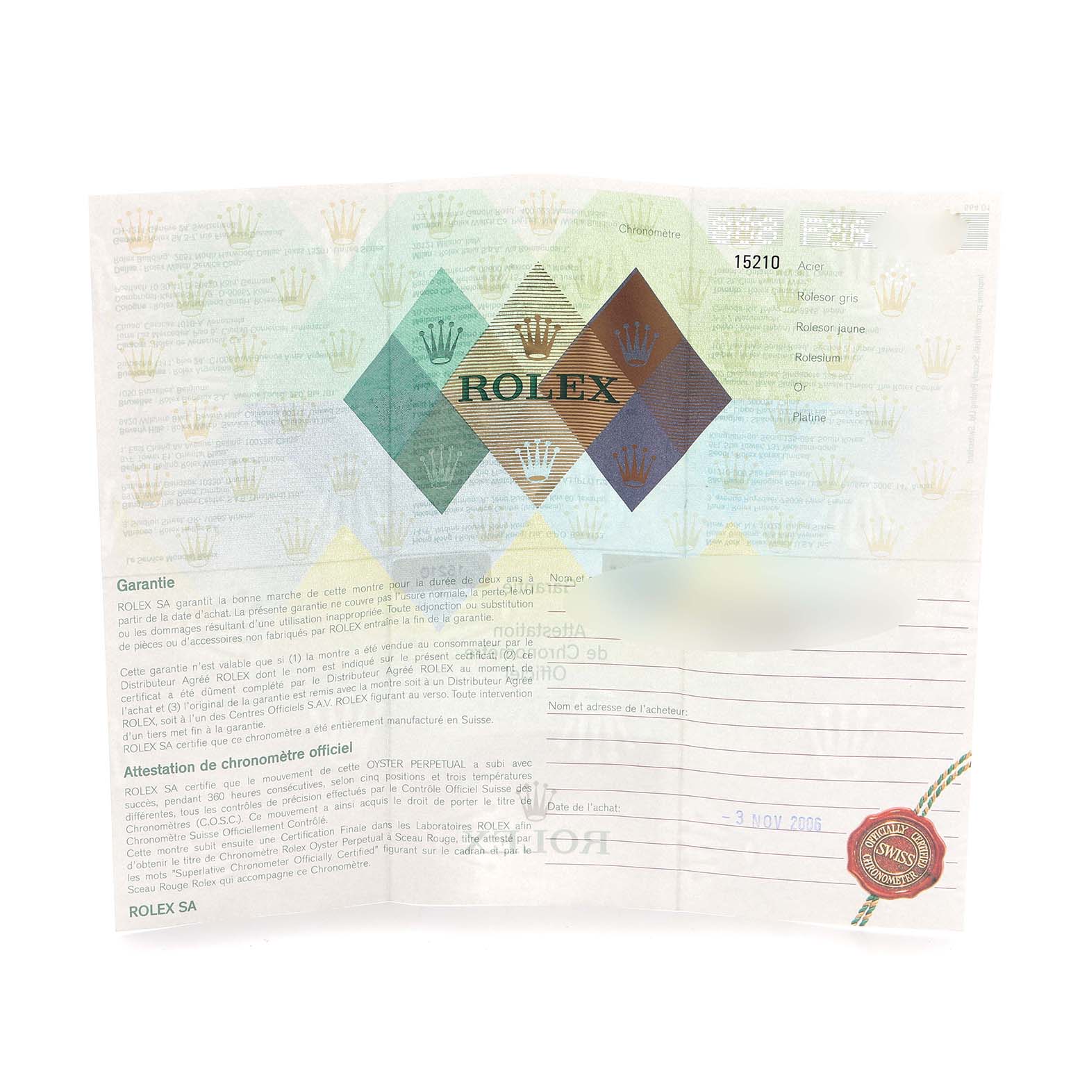 This image shows a warranty certificate for a Rolex Date 15210 Men
s Stainless Steel Silver Dial 15210 Men
s Stainless Steel Silver Dial model watch.