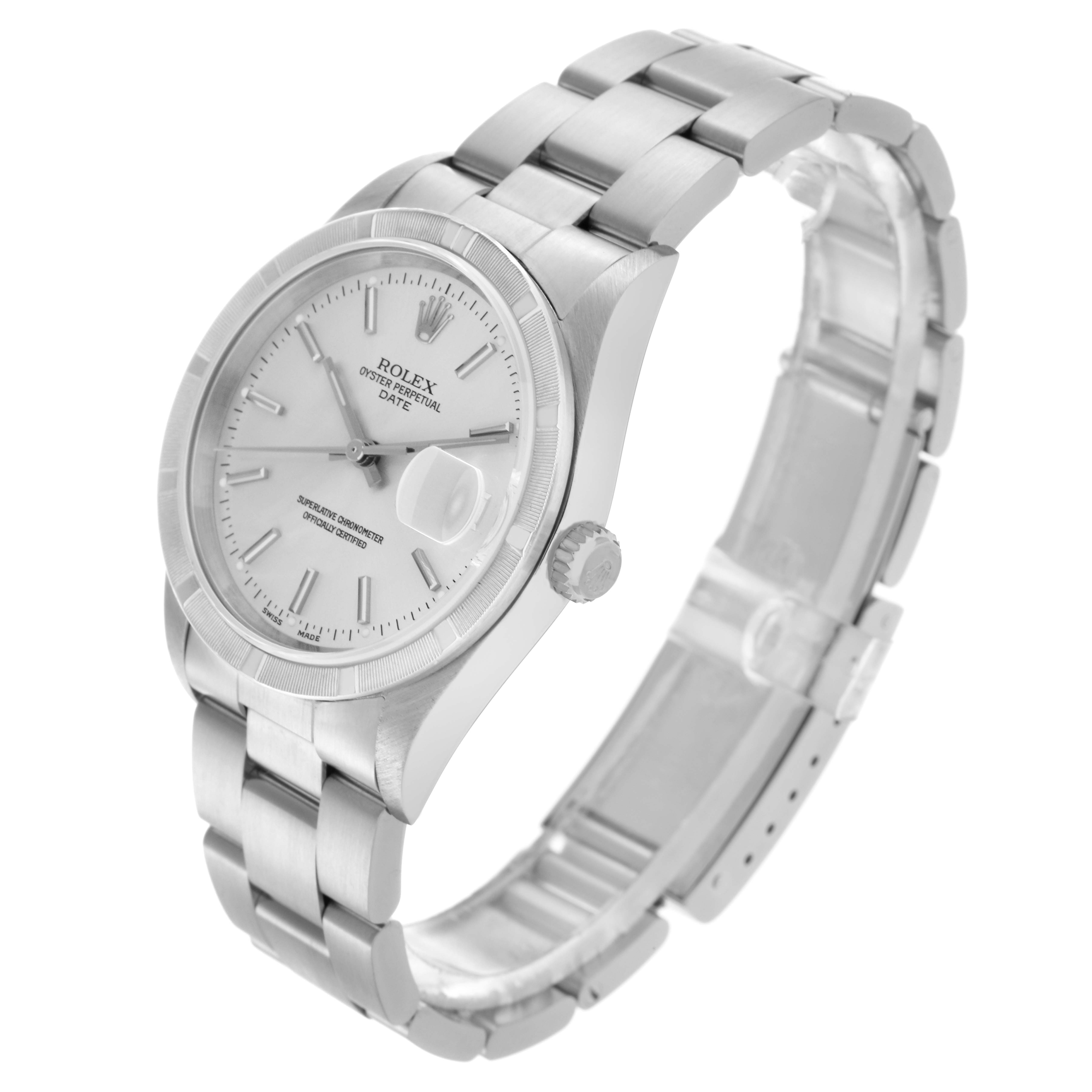 The Rolex Date 15210 Men
s Stainless Steel Silver Dial 15210 Men
s Stainless Steel Silver Dial watch is shown at a slight angle, displaying its face, bezel, bracelet, and crown.
