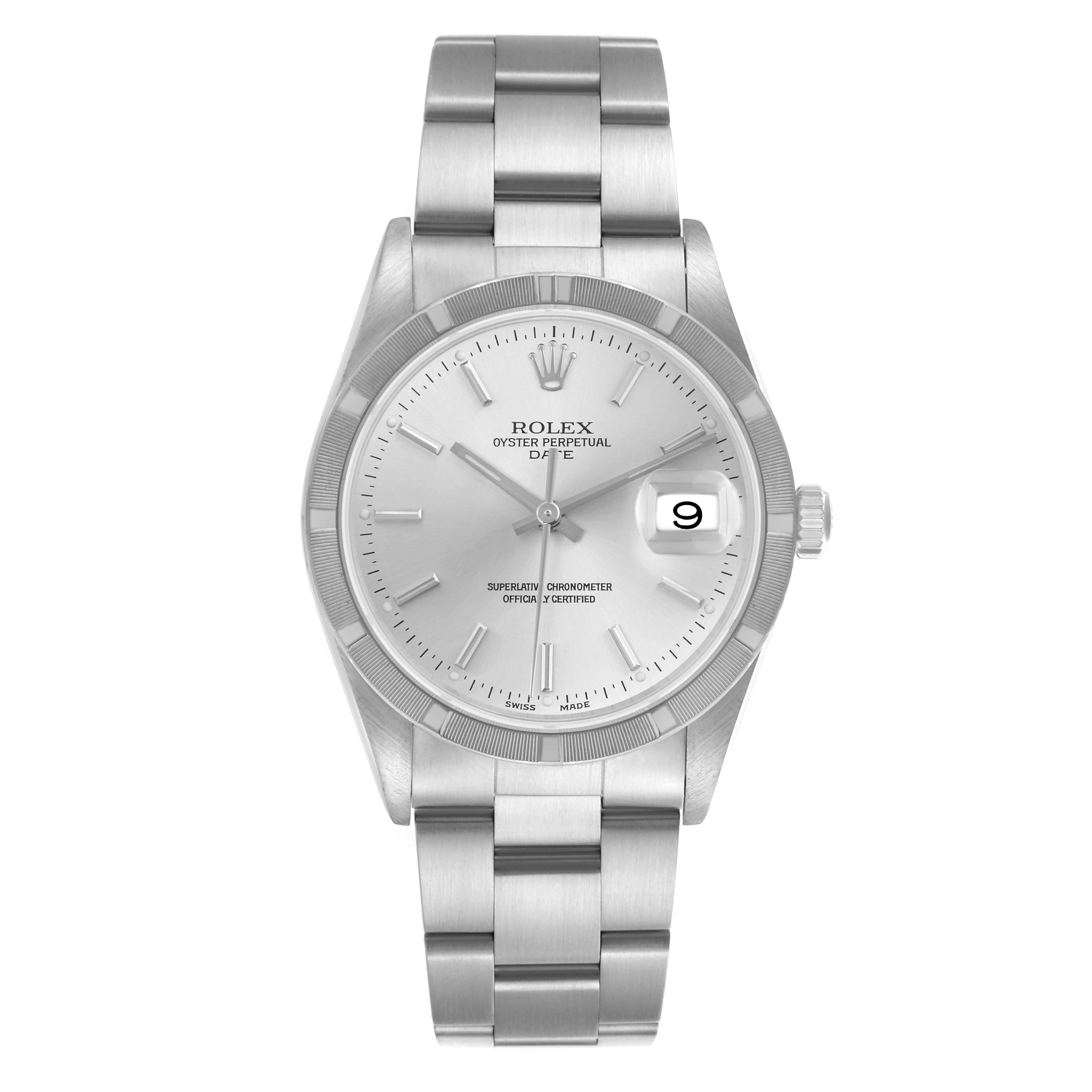 The Rolex Date 15210 Men
s Stainless Steel Silver Dial 15210 Men
s Stainless Steel Silver Dial watch is shown from a front angle, displaying the dial, bezel, bracelet, and crown.
