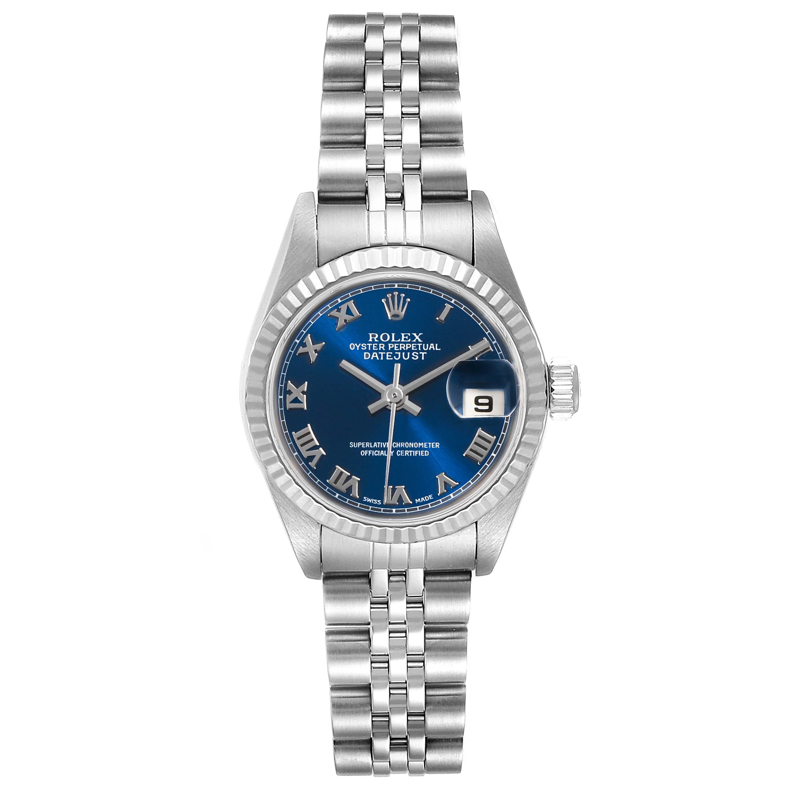 The image shows a front view of a Rolex Datejust 79174 Women's Stainless Steel Blue Dial 79174 Women's Stainless Steel Blue Dial, displaying the blue dial, bracelet, and date window.