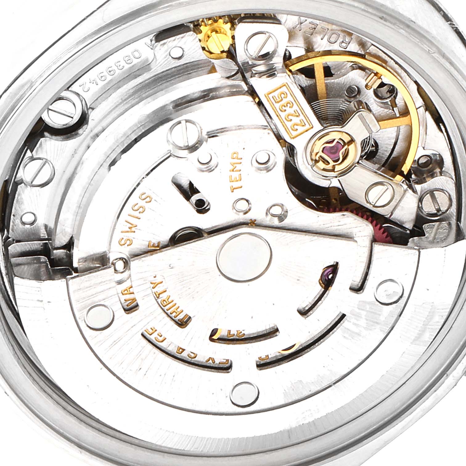 This image shows the movement mechanism of a Rolex Datejust 79174 Women's Stainless Steel Blue Dial 79174 Women's Stainless Steel Blue Dial watch, highlighting its inner components.