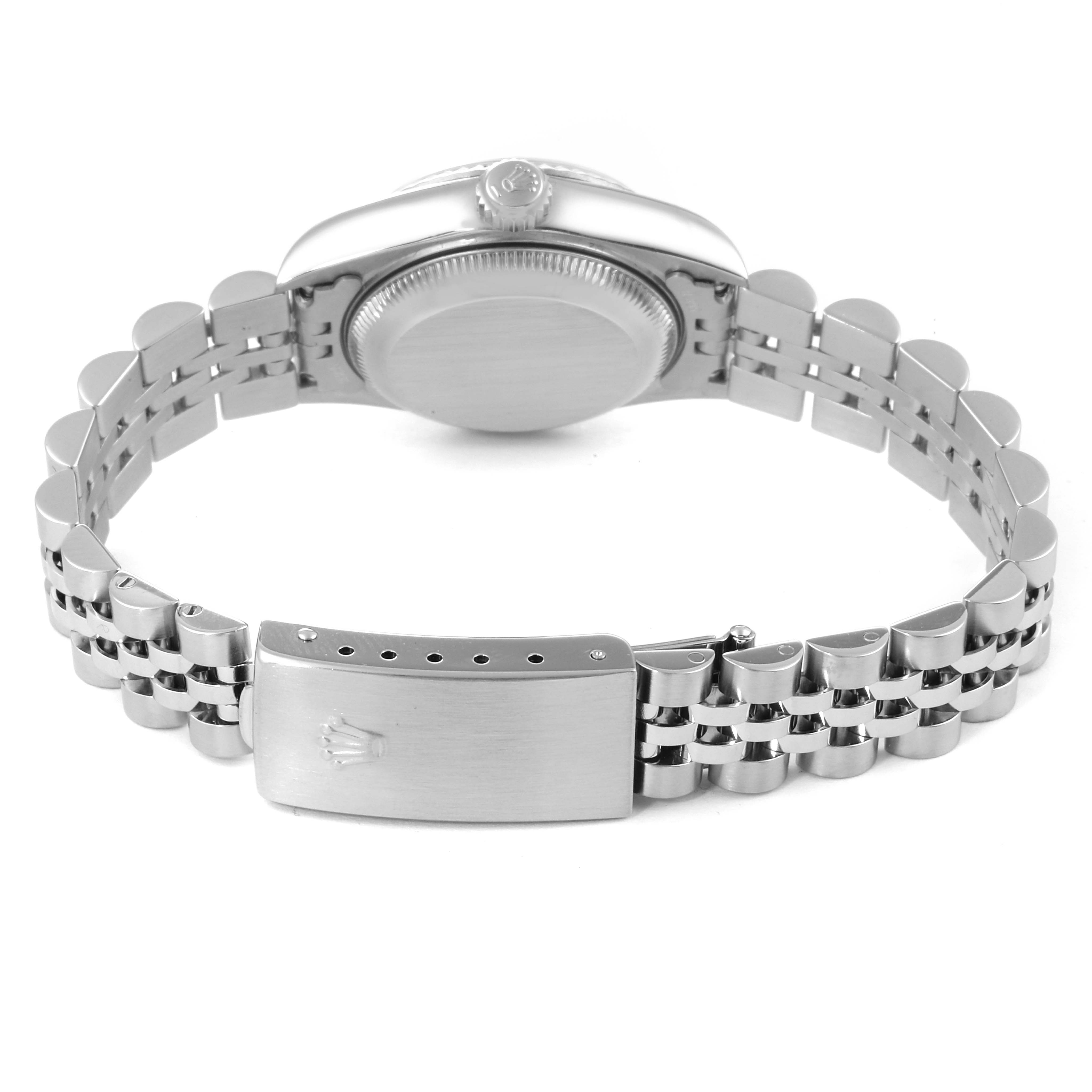 The image shows the underside of a Rolex Datejust 79174 Women's Stainless Steel Blue Dial 79174 Women's Stainless Steel Blue Dial watch, highlighting the clasp, bracelet, and case back.