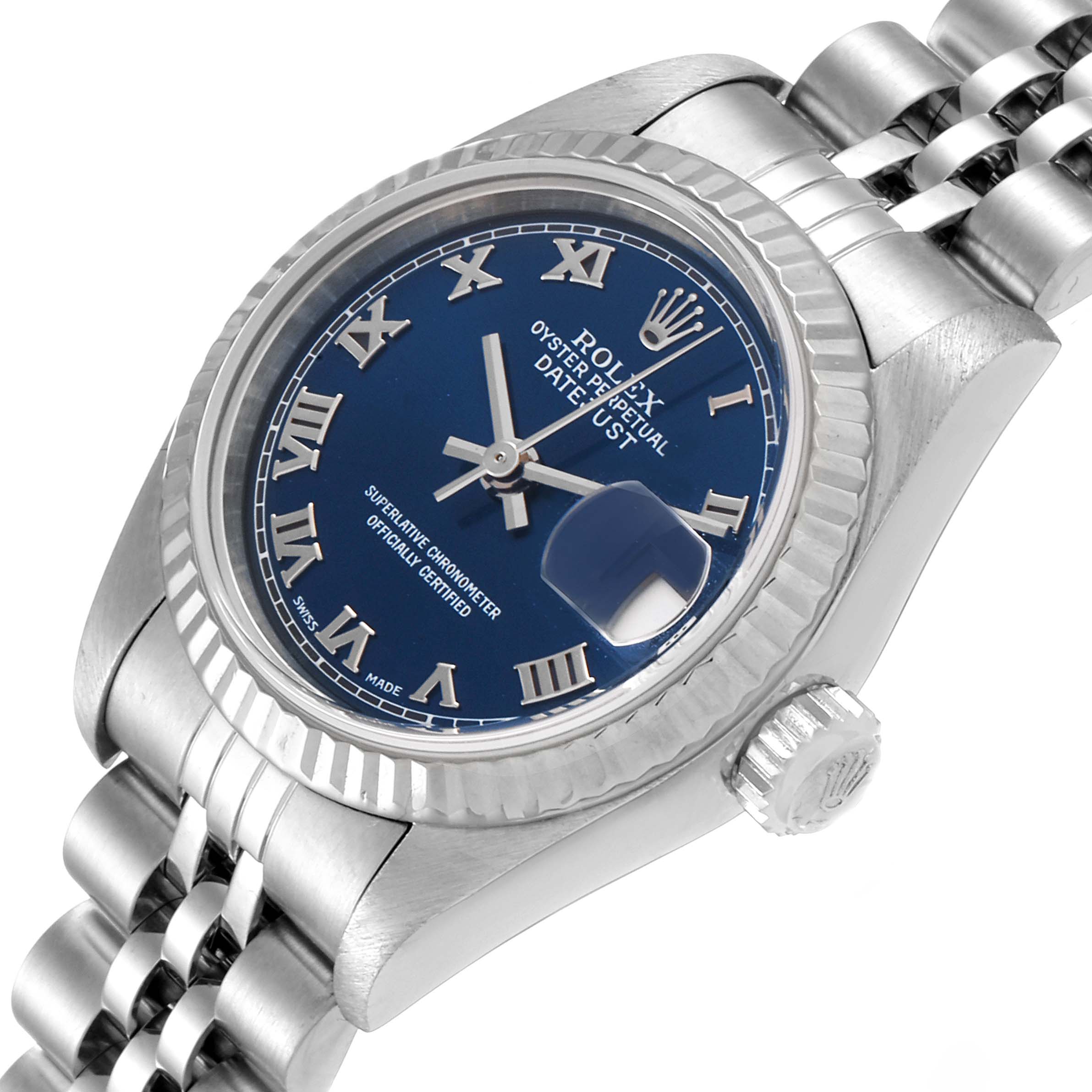 The image shows a close-up view of the face and bezel of a Rolex Datejust 79174 Women's Stainless Steel Blue Dial 79174 Women's Stainless Steel Blue Dial watch, angled slightly from the front and side.