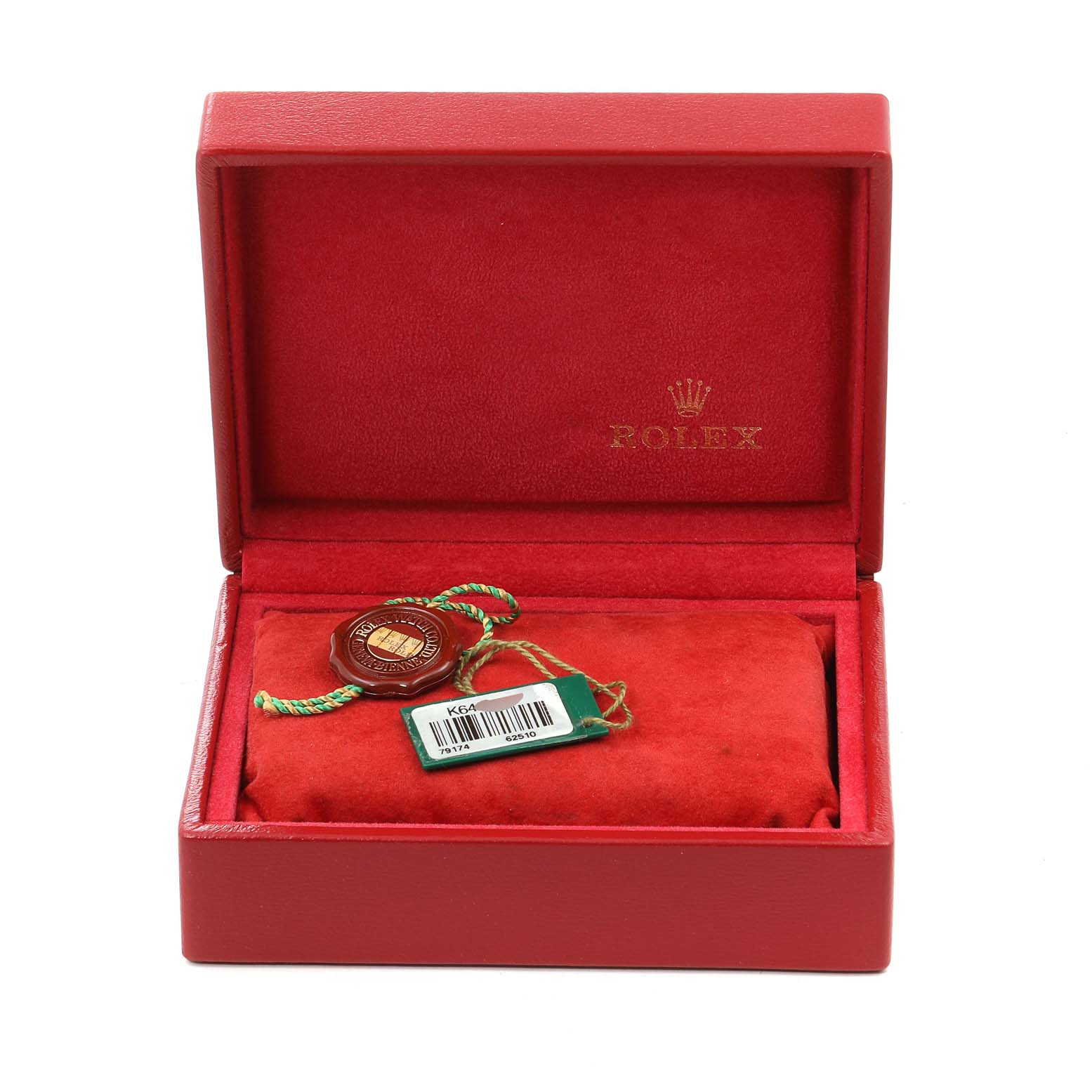 The image shows an open red Rolex box for a Datejust model, containing a cushion and tags.