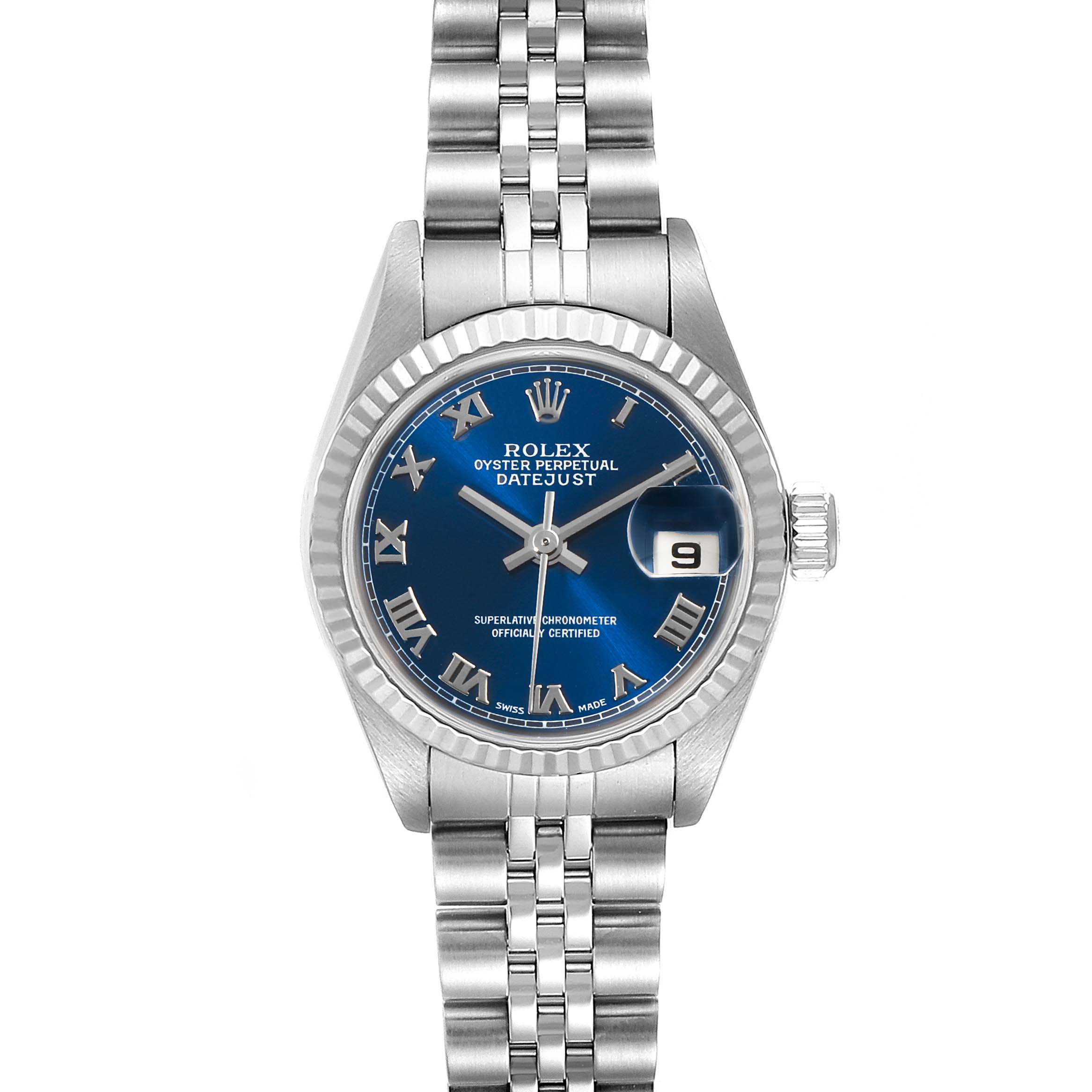 The image shows a front view of a Rolex Datejust 79174 Women's Stainless Steel Blue Dial 79174 Women's Stainless Steel Blue Dial watch, displaying the face, bezel, and bracelet.