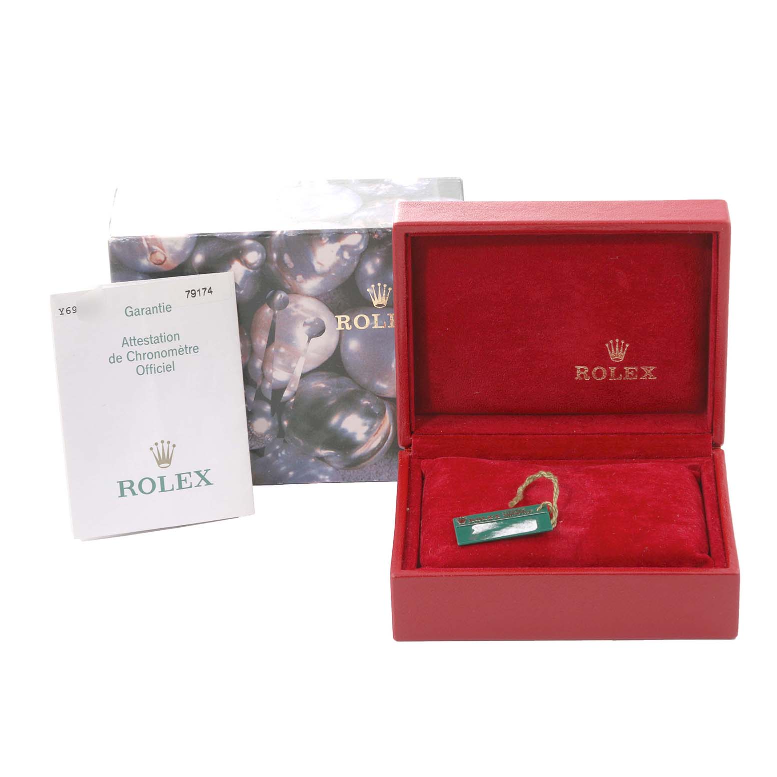 This image shows the packaging, presentation box, and guarantee booklet for a Rolex Datejust 79174 Women's Stainless Steel Silver Dial 79174 Women's Stainless Steel Silver Dial watch.