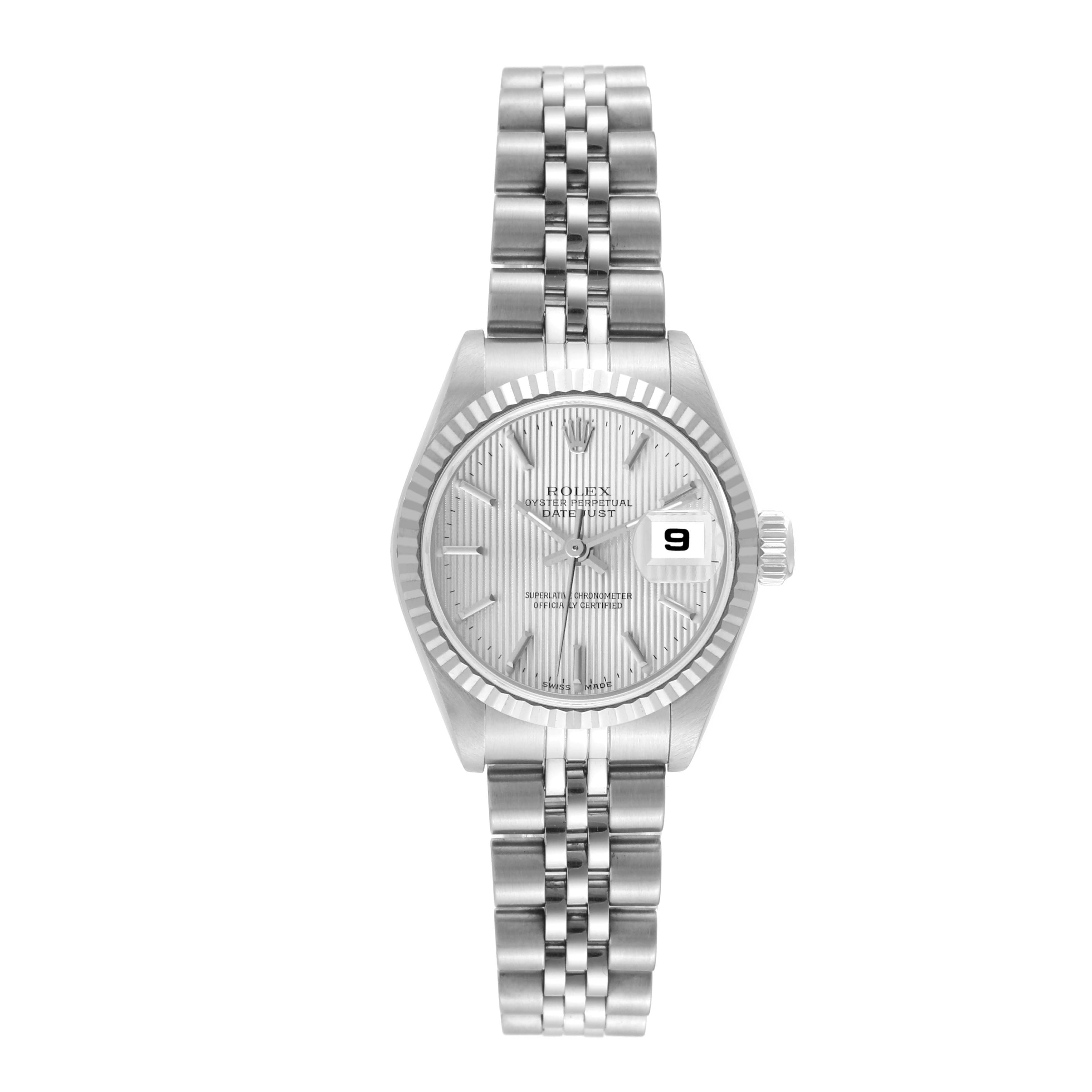 The image shows a frontal view of a Rolex Datejust 79174 Women's Stainless Steel Silver Dial 79174 Women's Stainless Steel Silver Dial watch, displaying the dial, bezel, crown, and bracelet.