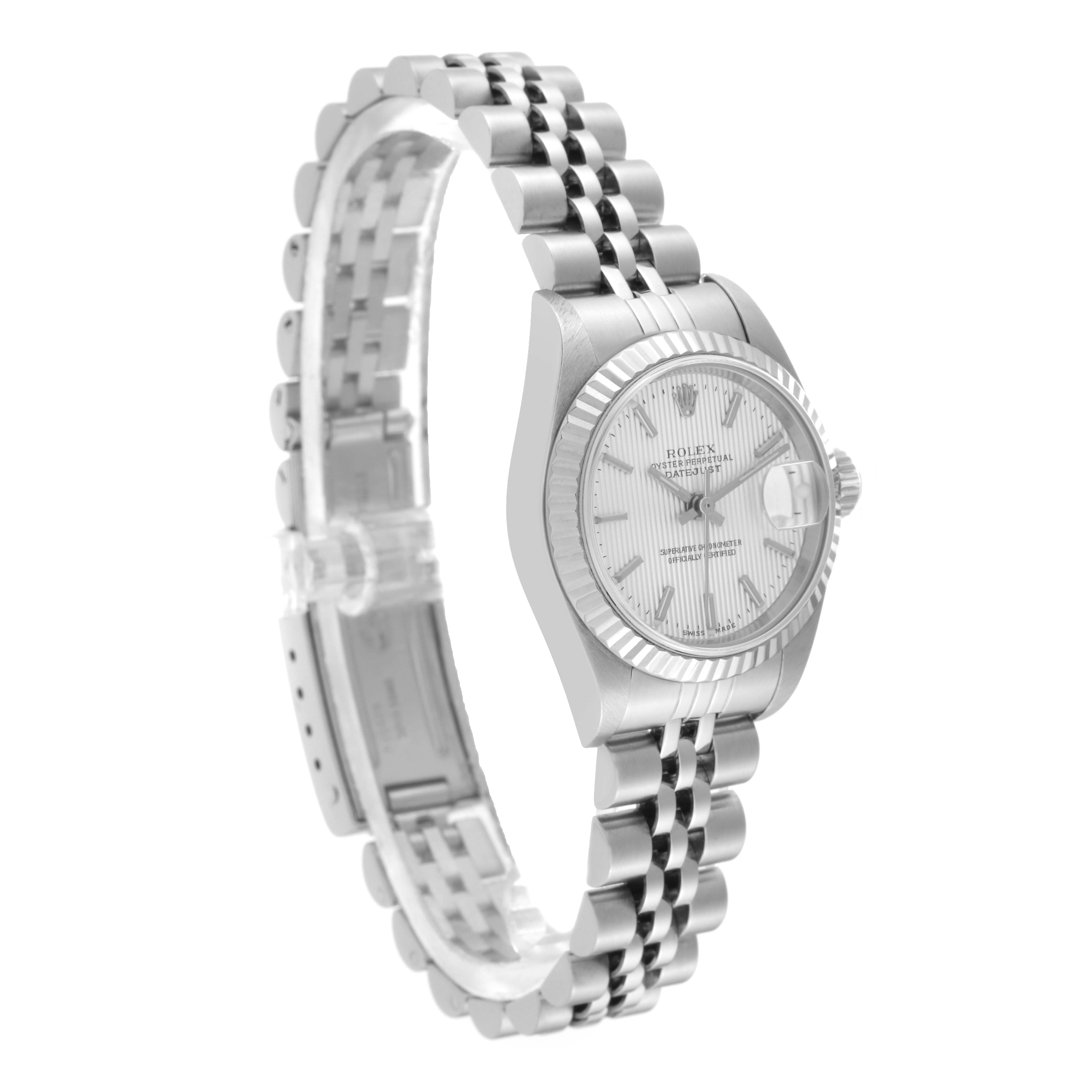 This Rolex Datejust 79174 Women's Stainless Steel Silver Dial 79174 Women's Stainless Steel Silver Dial watch is shown at a 3/4 angle, displaying the dial, bezel, and the jubilee bracelet.