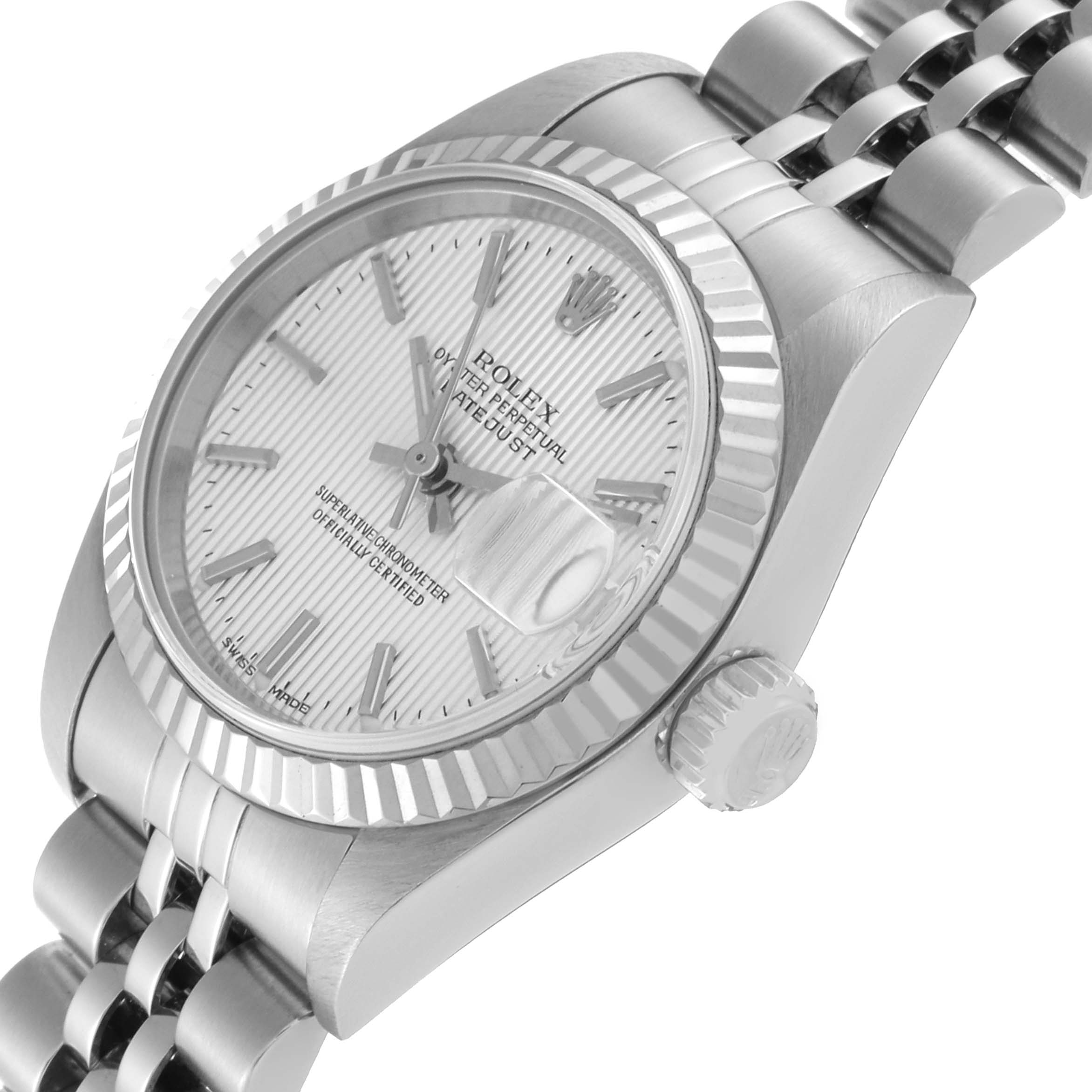 The image shows a close-up angle of the Rolex Datejust 79174 Women's Stainless Steel Silver Dial 79174 Women's Stainless Steel Silver Dial watch, featuring the crown, fluted bezel, and part of the bracelet.