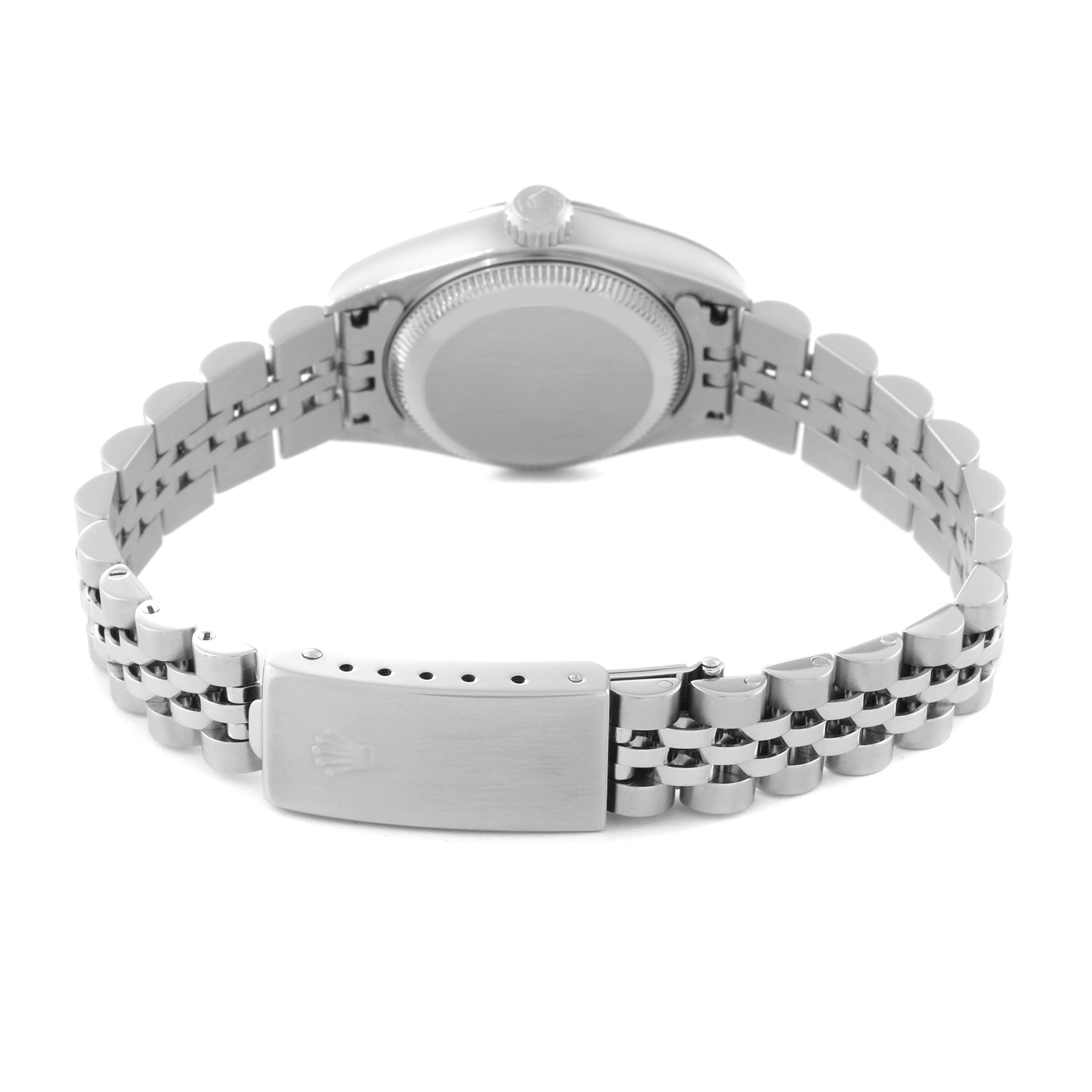 The image shows the rear view of the Rolex Datejust 79174 Women's Stainless Steel Silver Dial 79174 Women's Stainless Steel Silver Dial watch, highlighting the case back and bracelet clasp.