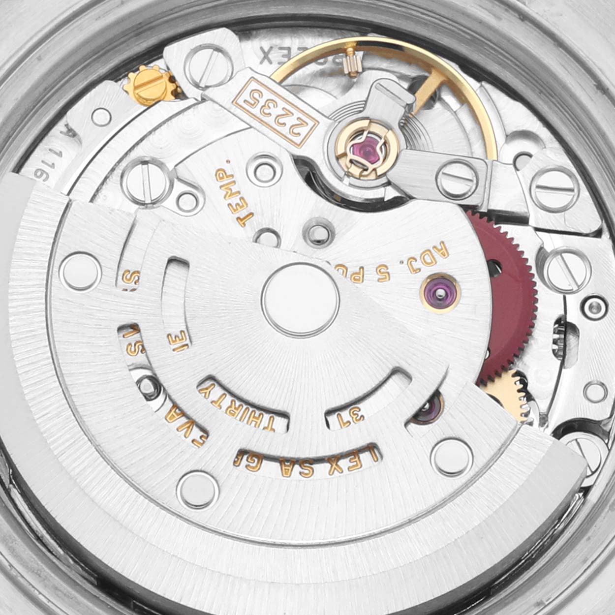 This image shows the detailed movement mechanism of a Rolex Datejust 79174 Women's Stainless Steel Silver Dial 79174 Women's Stainless Steel Silver Dial watch from an internal angle.