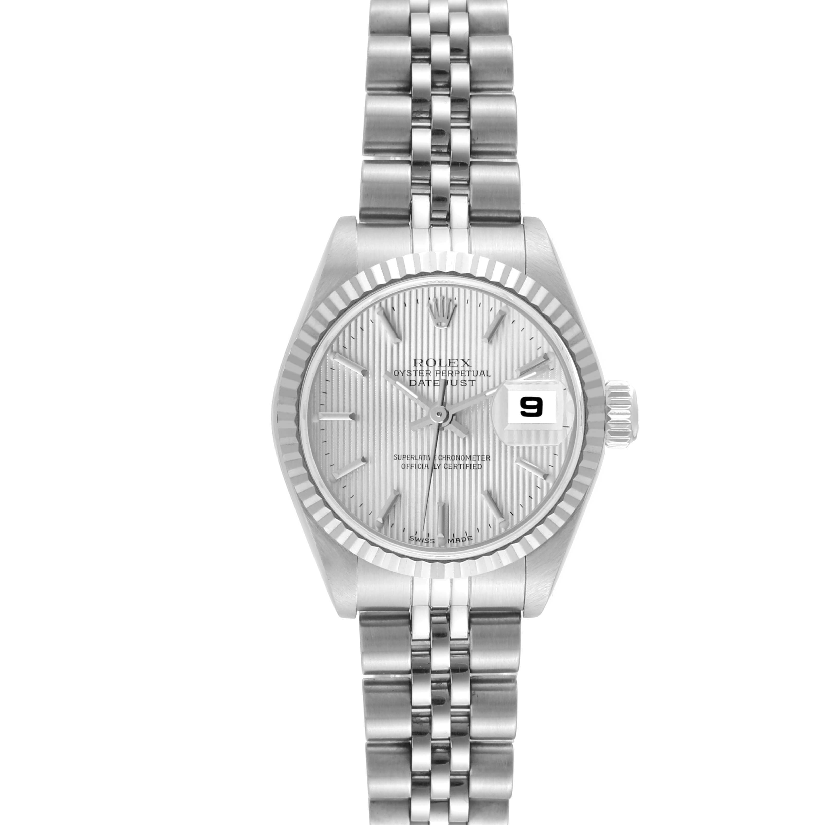 The Rolex Datejust 79174 Women's Stainless Steel Silver Dial 79174 Women's Stainless Steel Silver Dial watch is shown from a front view, displaying the face, bezel, and part of the linked bracelet.