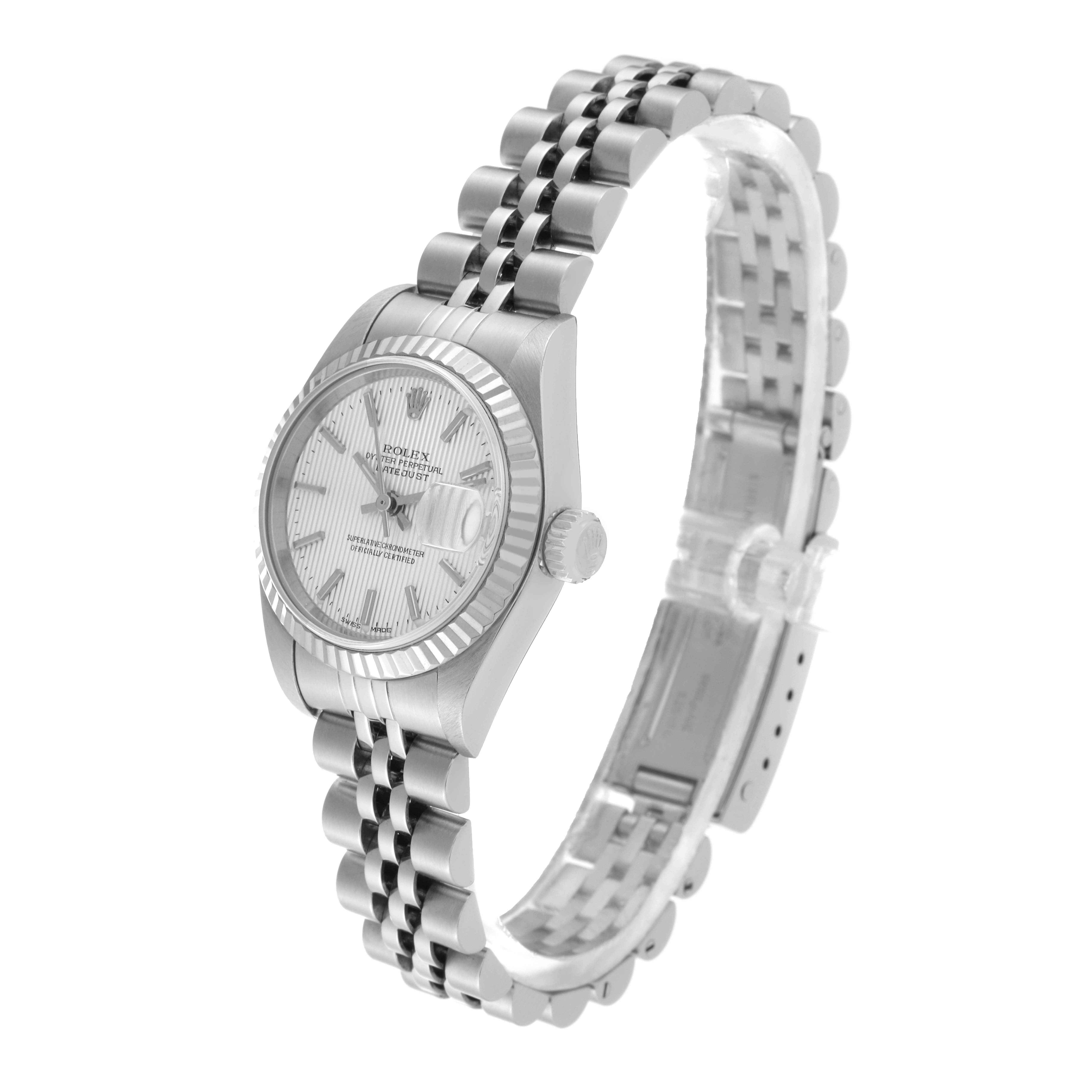 The image shows a side angle of a Rolex Datejust 79174 Women's Stainless Steel Silver Dial 79174 Women's Stainless Steel Silver Dial watch, featuring its bracelet, crown, case, and dial.