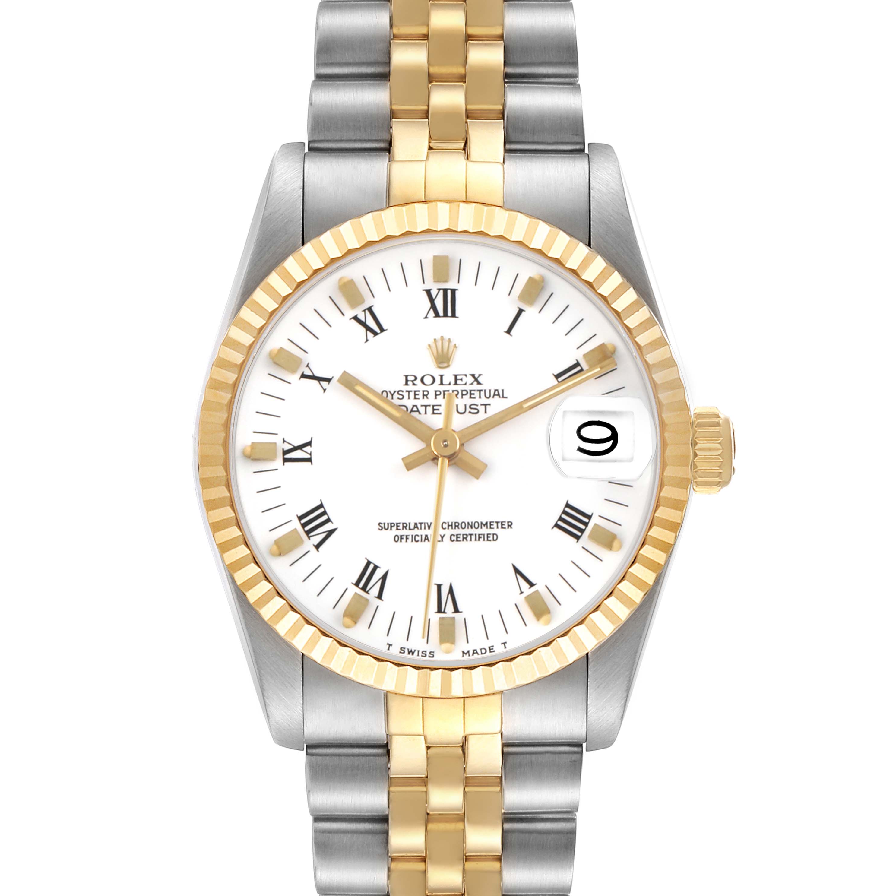 The Rolex Mid-Size 68273 Women's Steel and Gold (two tone) White Dial watch is shown from the front, displaying its dial, bezel, and bracelet.