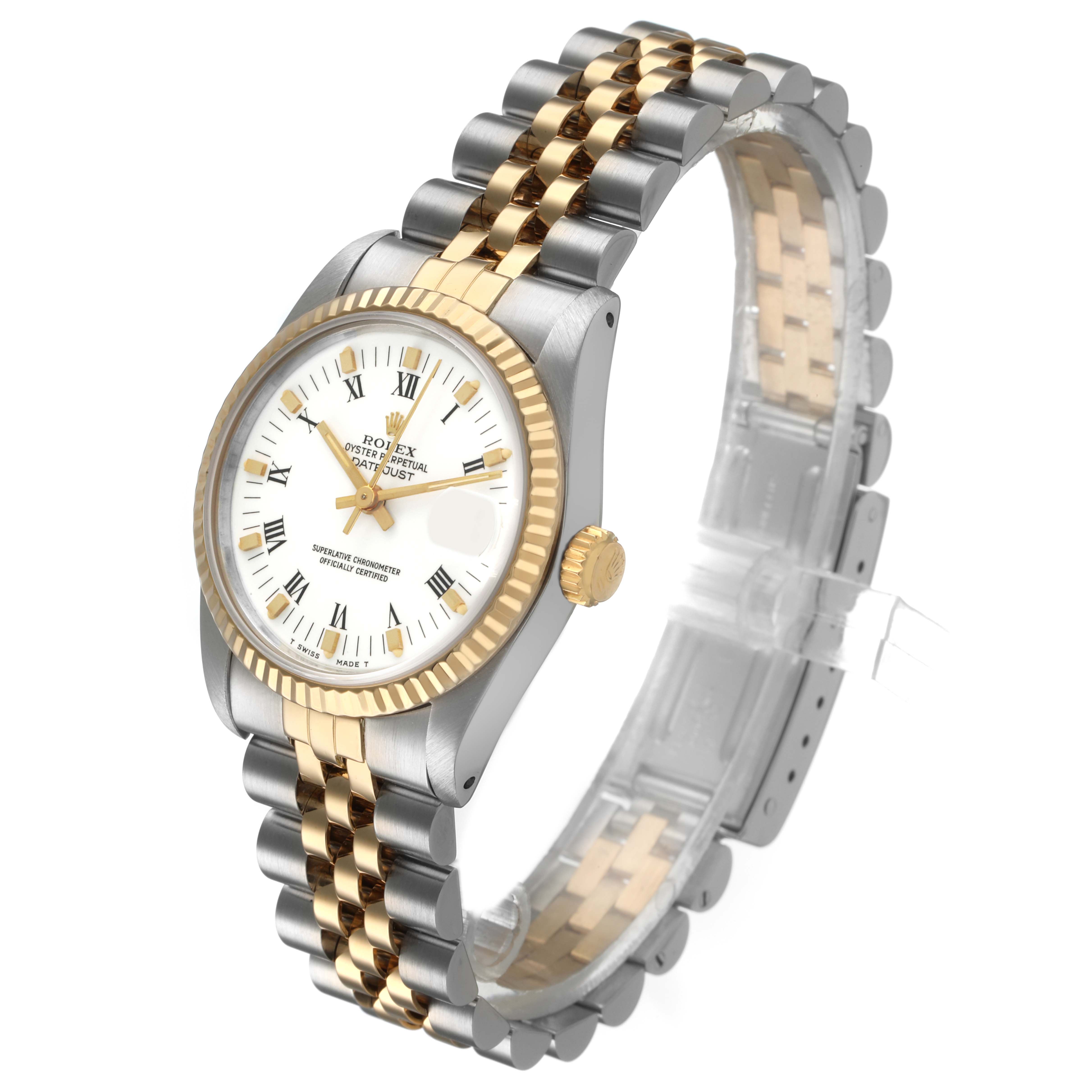 The image shows a Rolex Mid-Size 68273 Women's Steel and Gold (two tone) White Dial watch at a three-quarter angle, highlighting the face, crown, and two-tone bracelet.