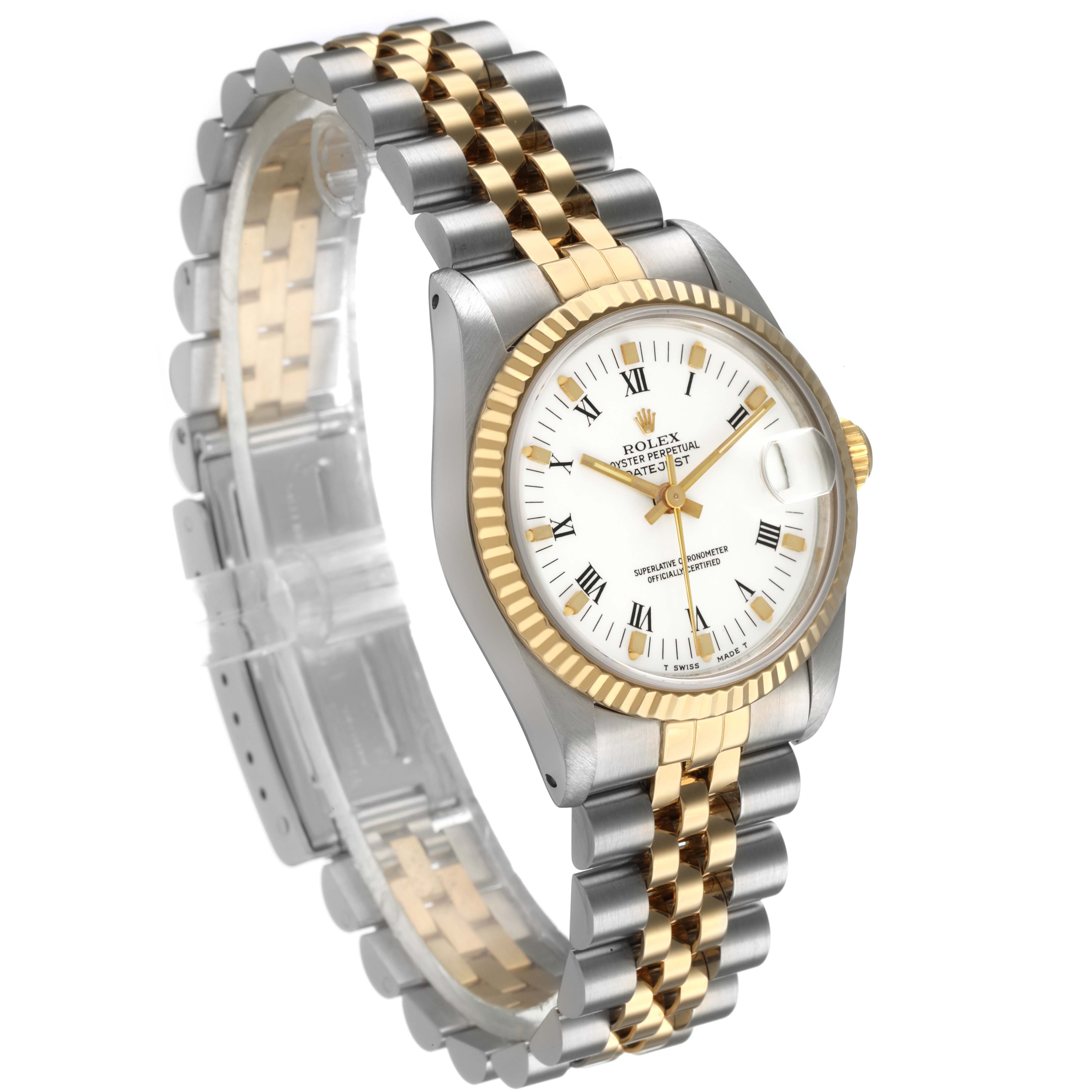 This Rolex Mid-Size 68273 Women's Steel and Gold (two tone) White Dial watch is shown at a three-quarter angle, featuring a two-tone bracelet and fluted bezel.